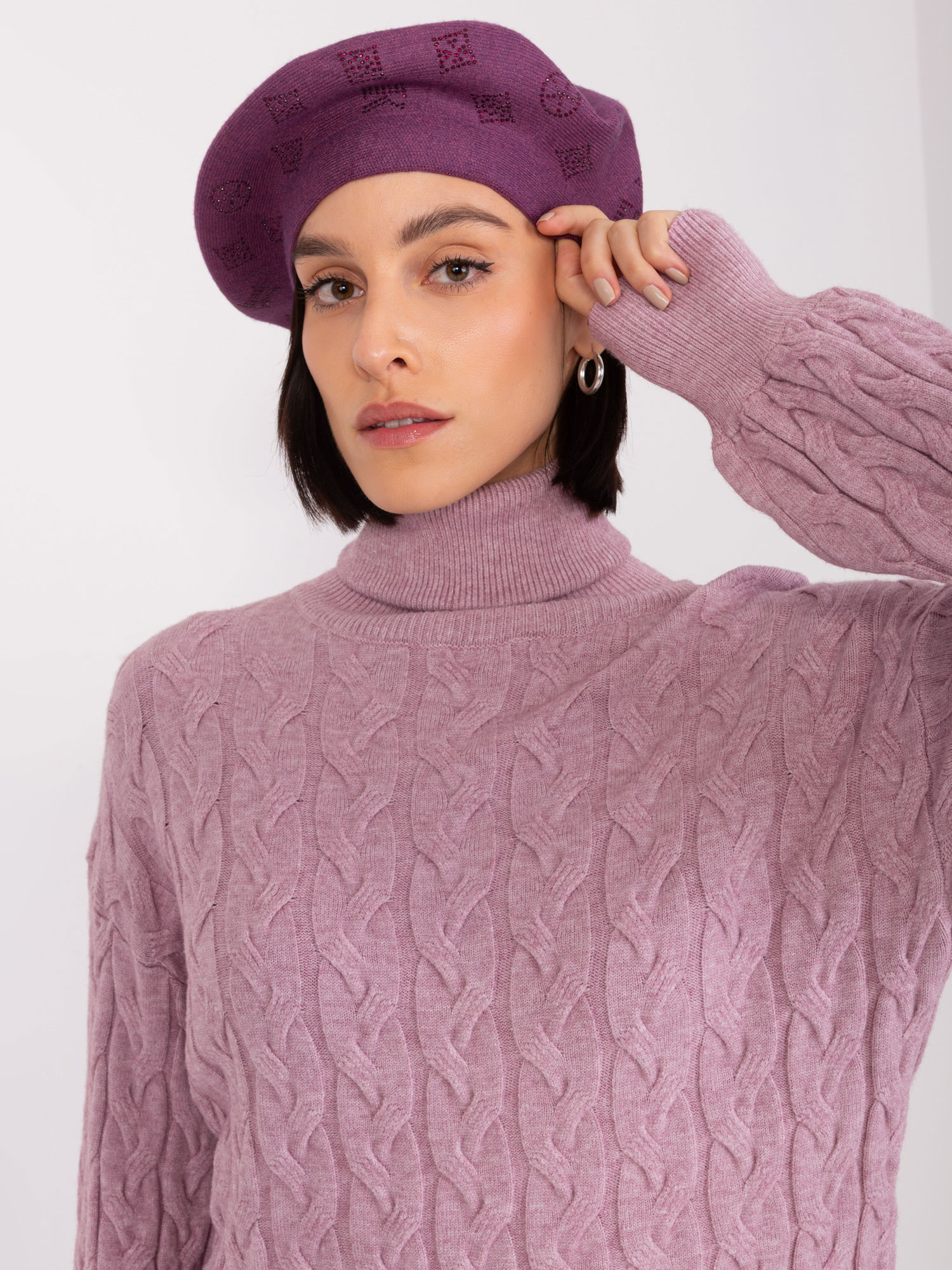 Dark purple women's beret with rhinestones