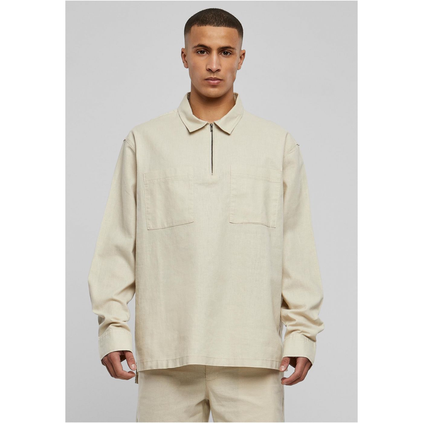 Cotton linen polo shirt with zipper softseagrass