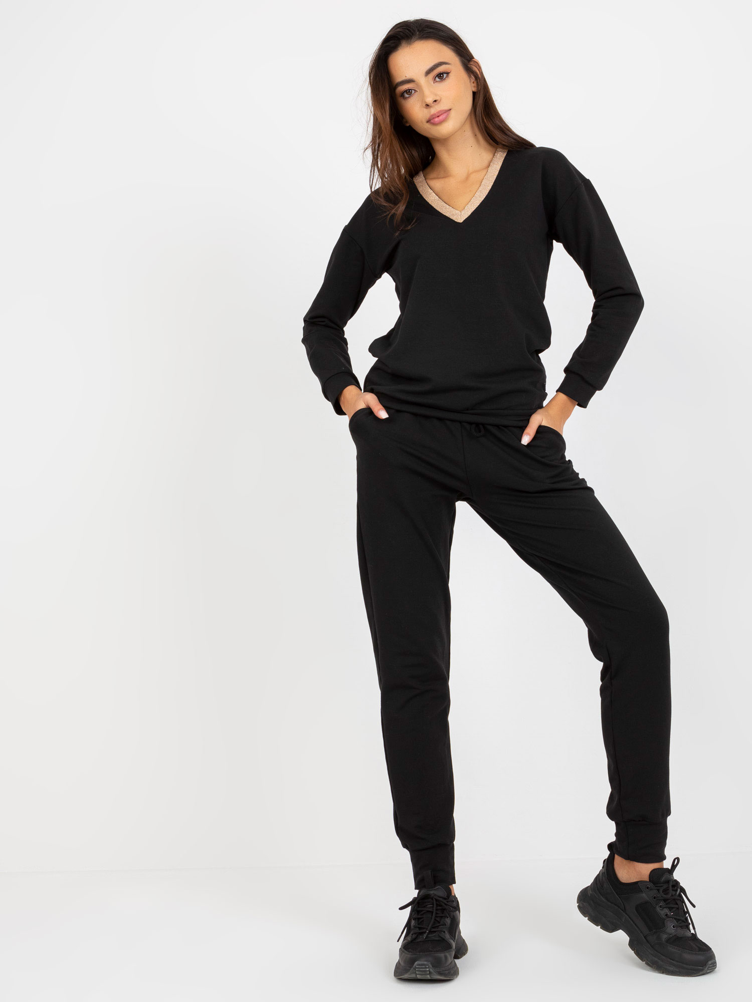 Black Casual V-neck Set