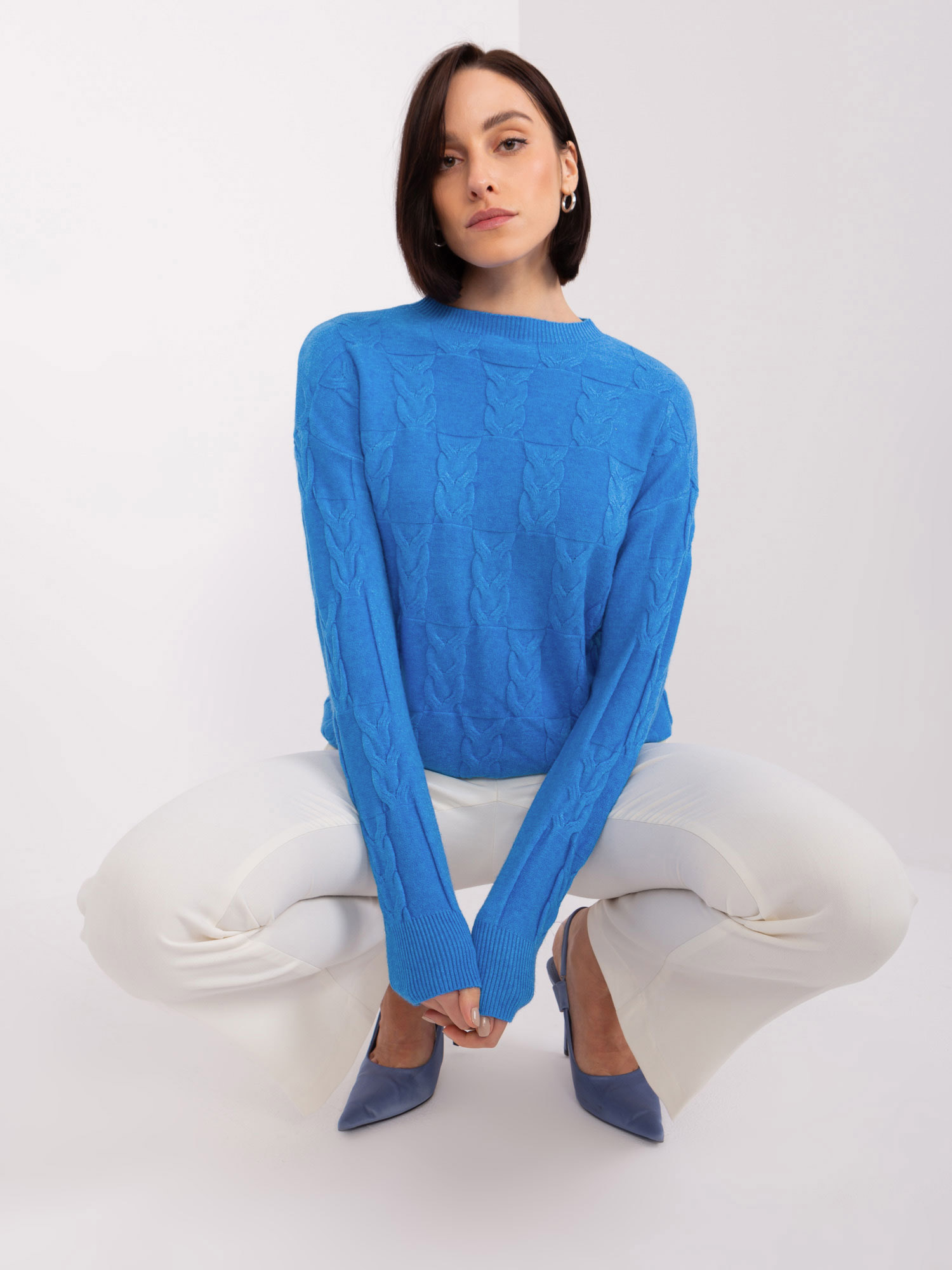 Blue Sweater With Cables And Viscose