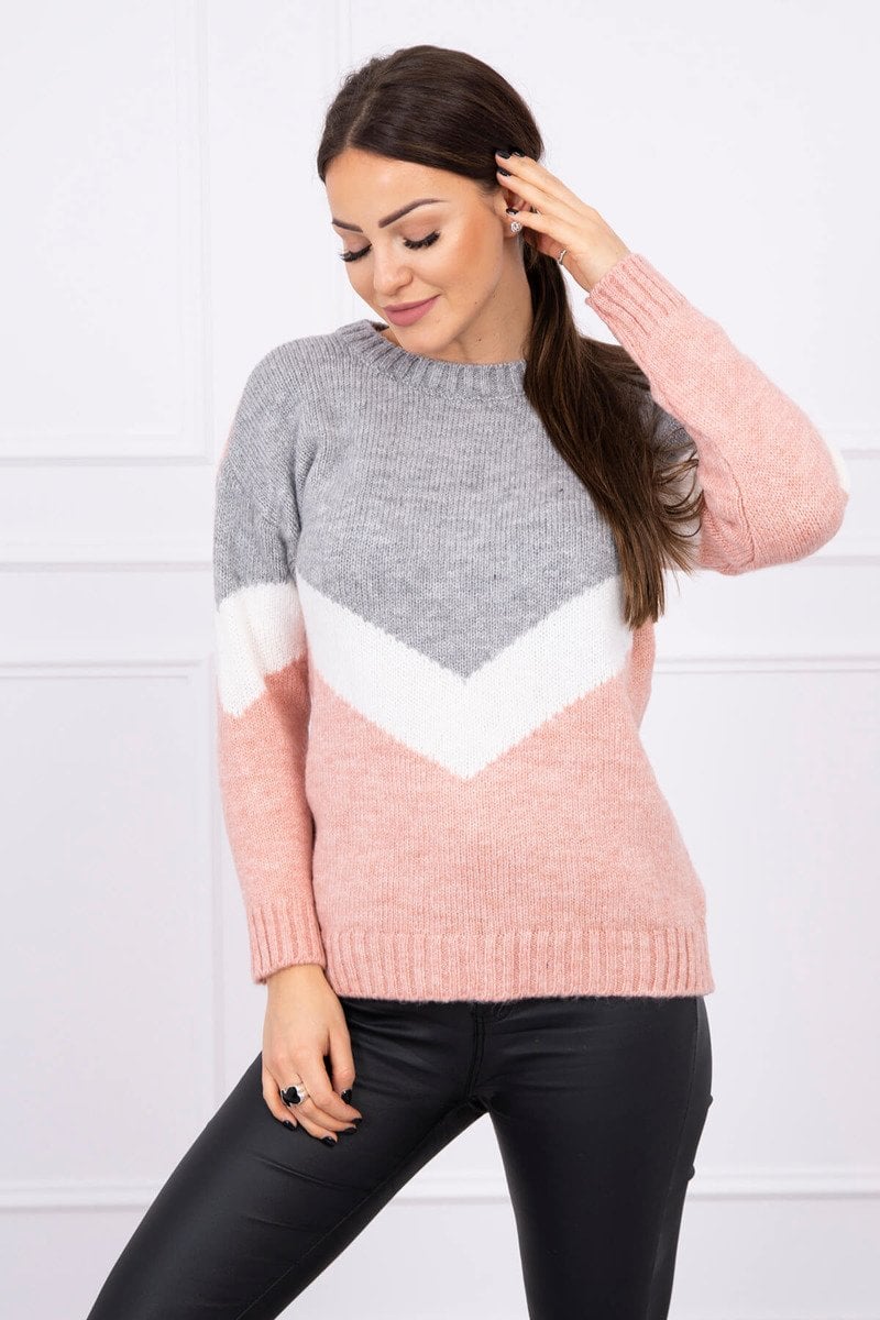 Sweater with geometric patterns gray+powder pink