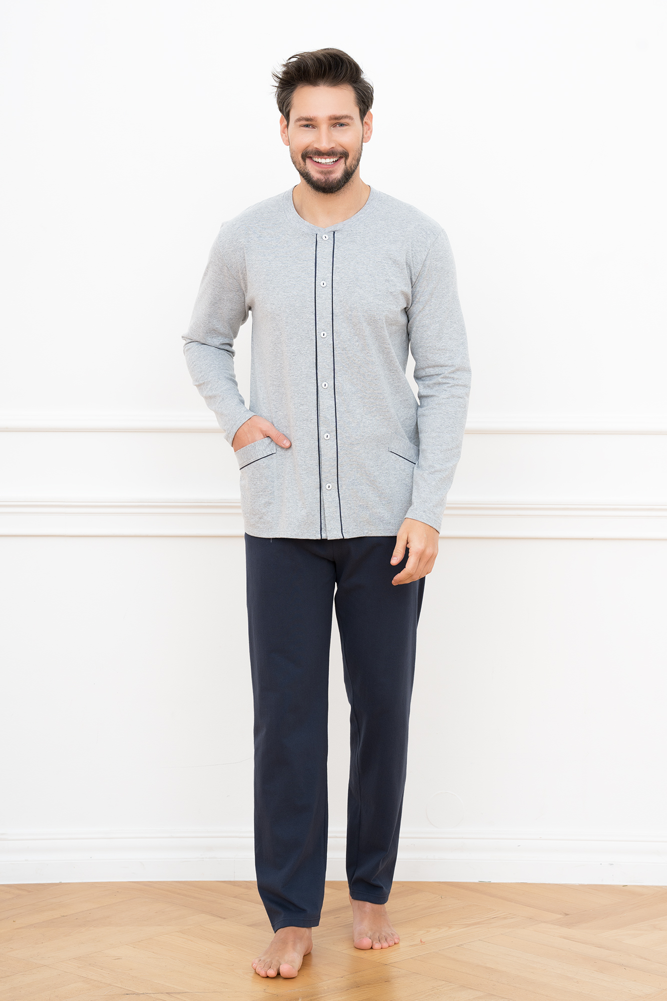 Men's pyjamas Alcest, long sleeves, long trousers - melange/navy blue