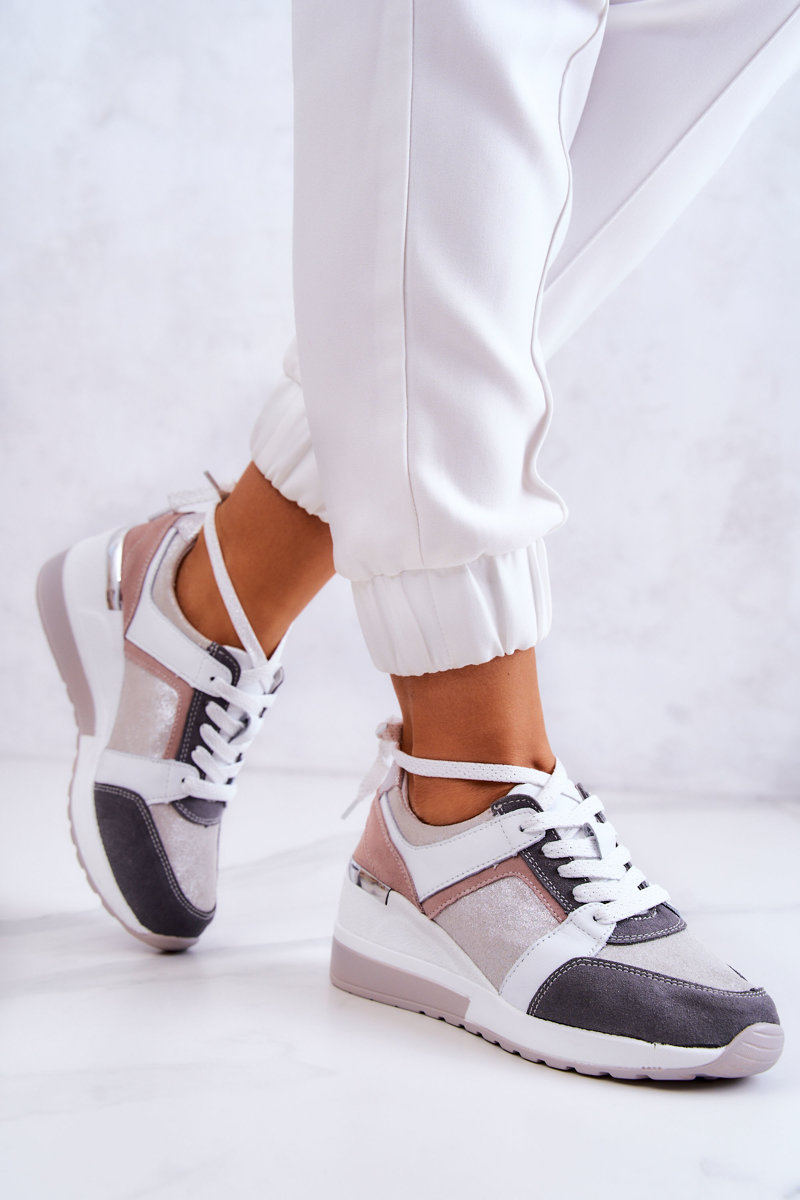 Leather Sport Shoes Wedge Sneakers Elissa Silver-Grey