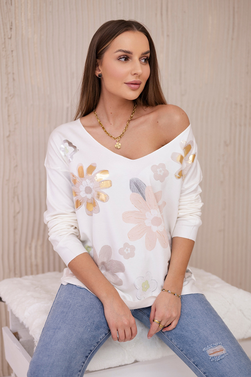 Sweater Blouse With Colorful Flowers Powder Pink+beige