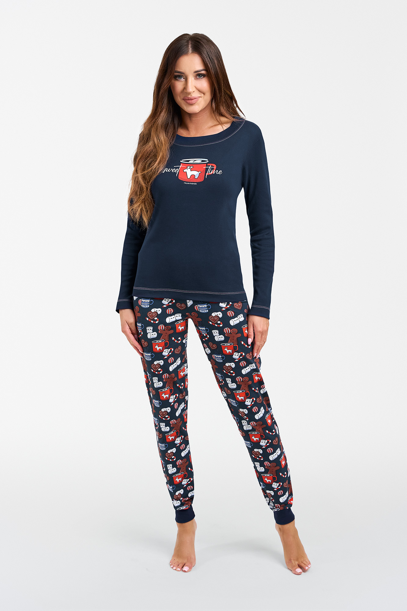 Makala Women's Pajamas Long Sleeves, Long Pants - Navy Blue/print