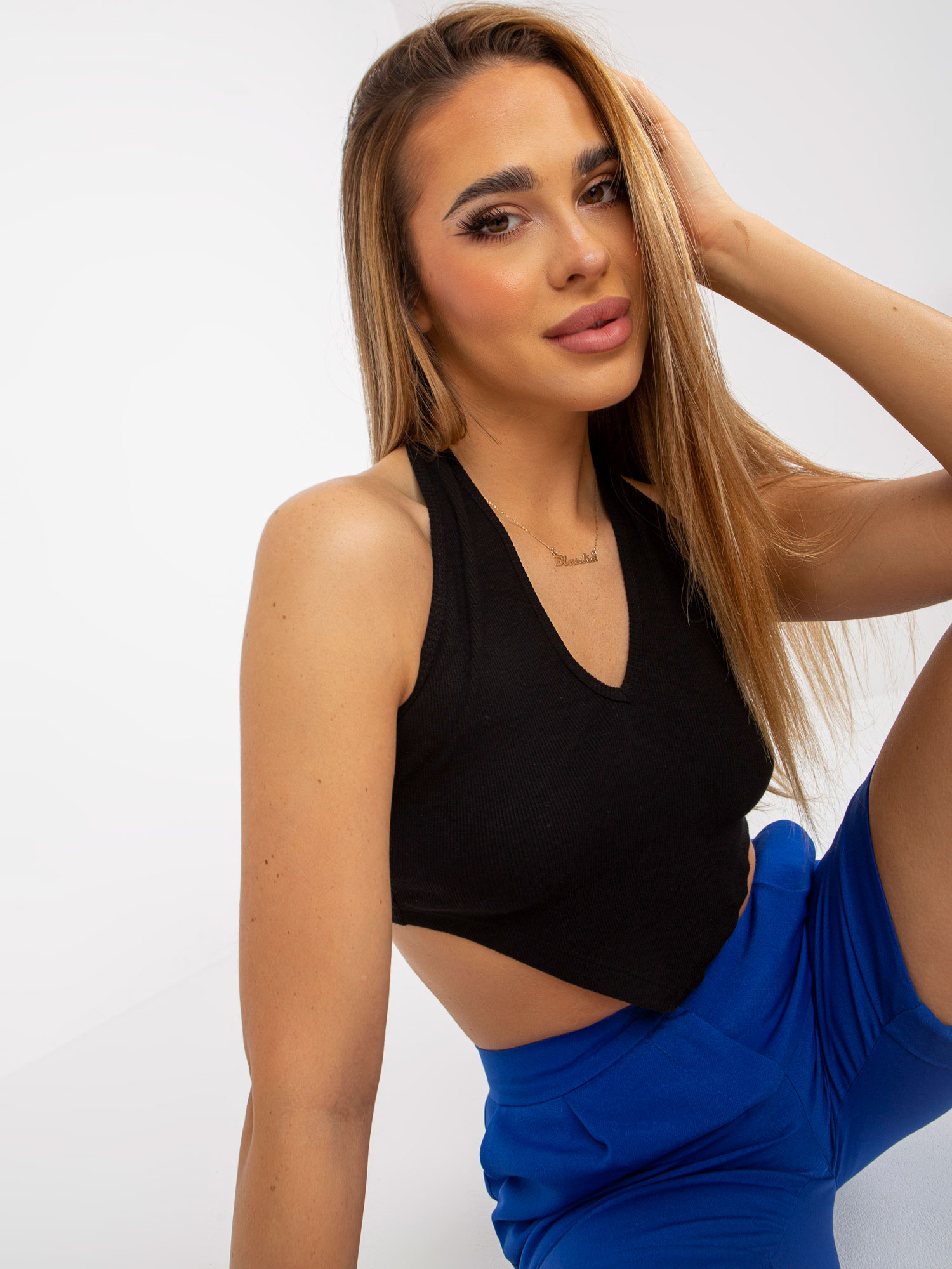 Black Fitted Crop Top Basic In RUE PARIS Stripes