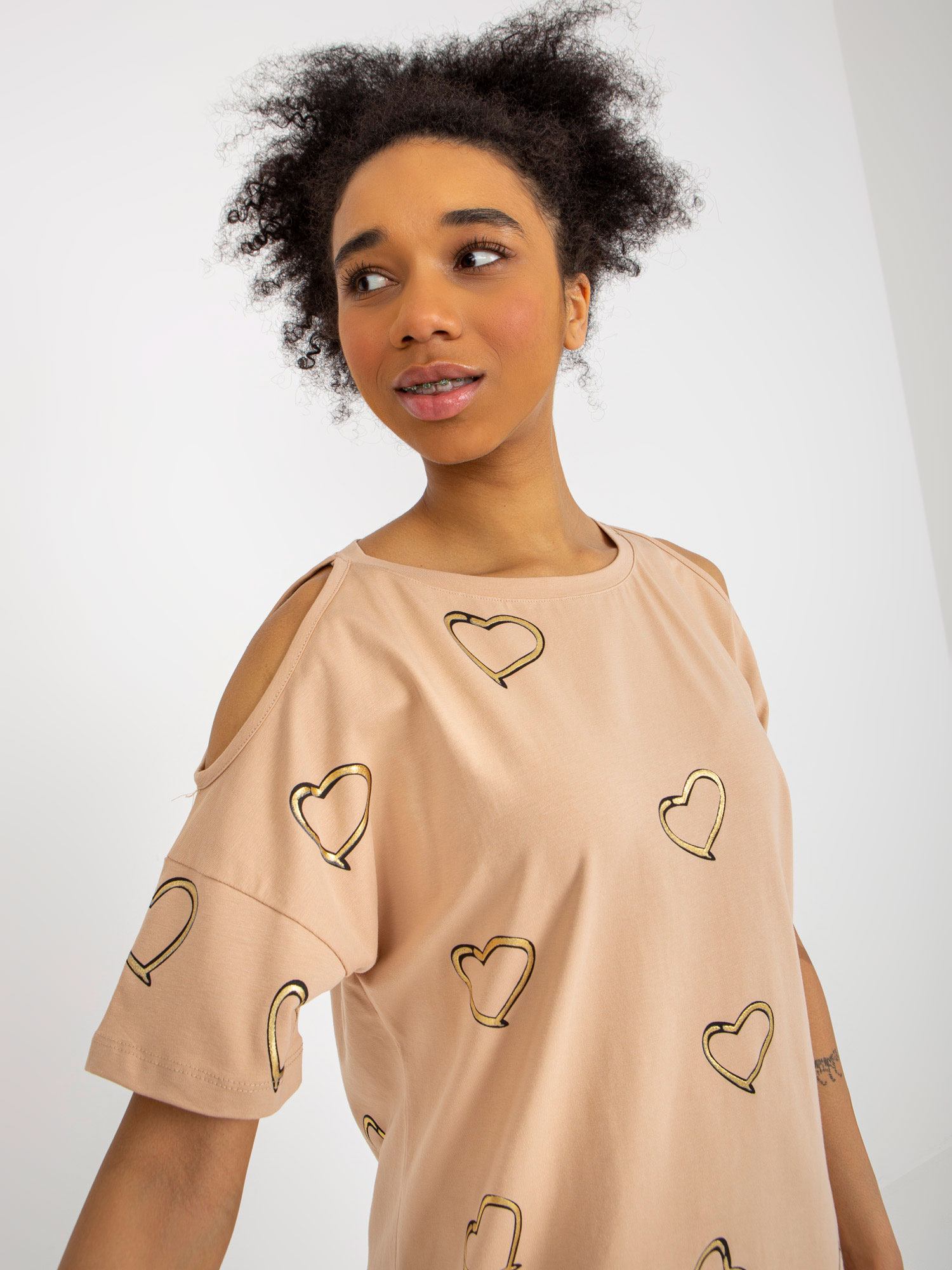Lady's Camel Blouse With Heart Print
