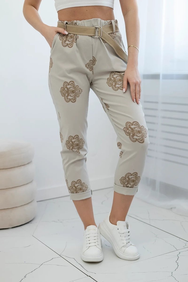 Beige viscose trousers with print
