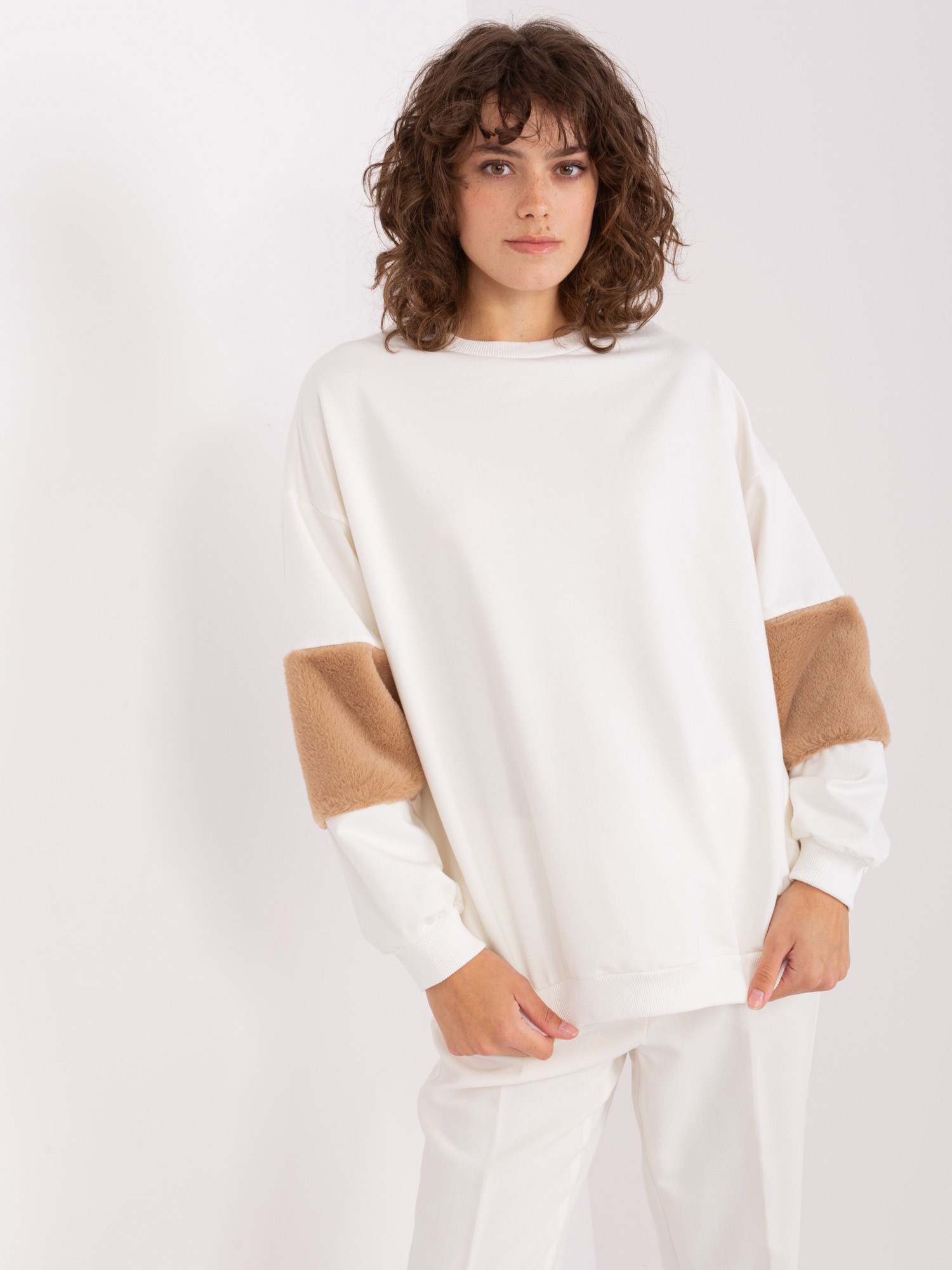 Ecru Sweatshirt With Fur Inserts On The Sleeves