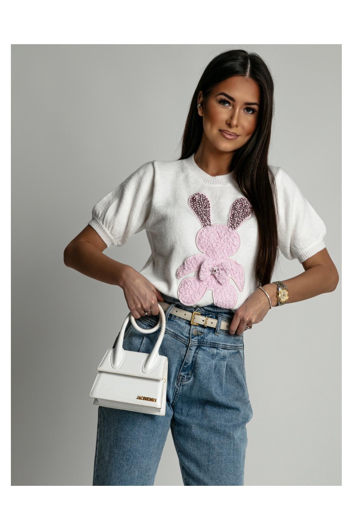 White women's sweater with a bunny