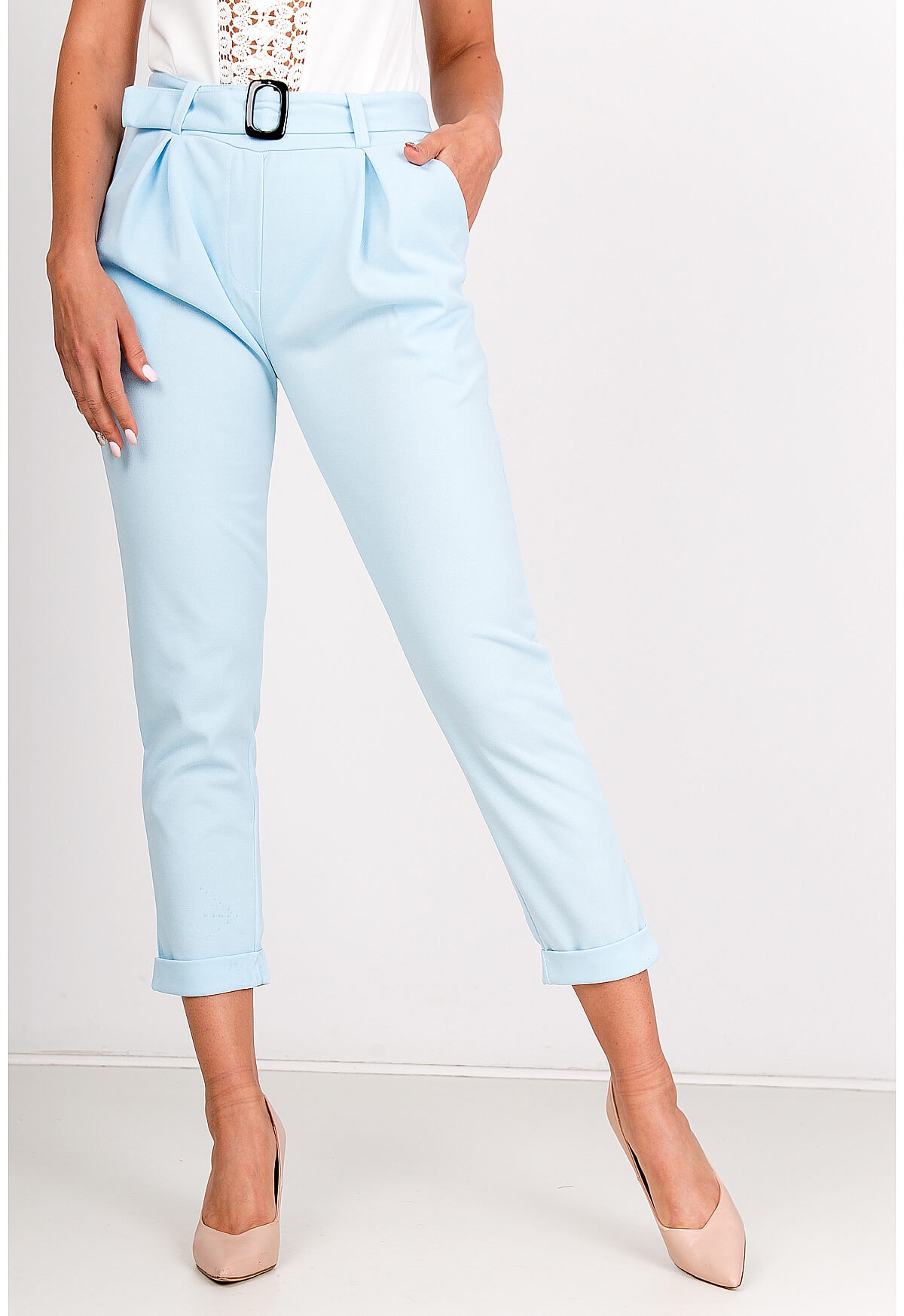 Stylish women's trousers with belt - blue,