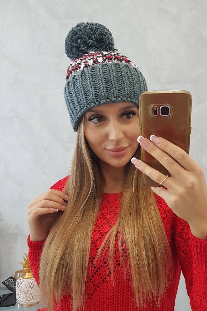 Beanie with pompom Ellen K325 dark grey+red