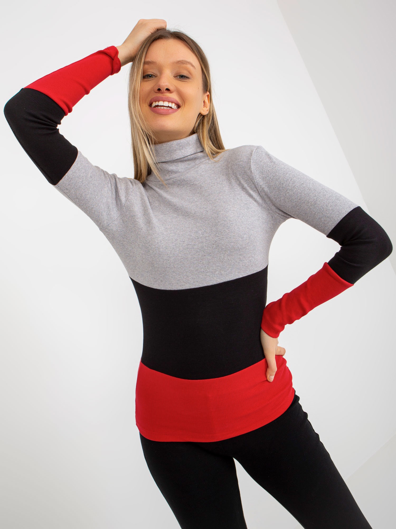 Grey-black Women's Basic Blouse With Ribbed Turtleneck