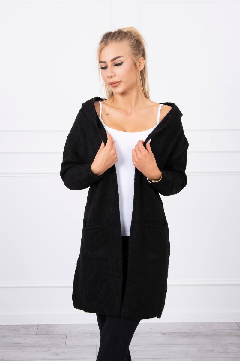 Ordinary sweater with a hood and pockets of black color