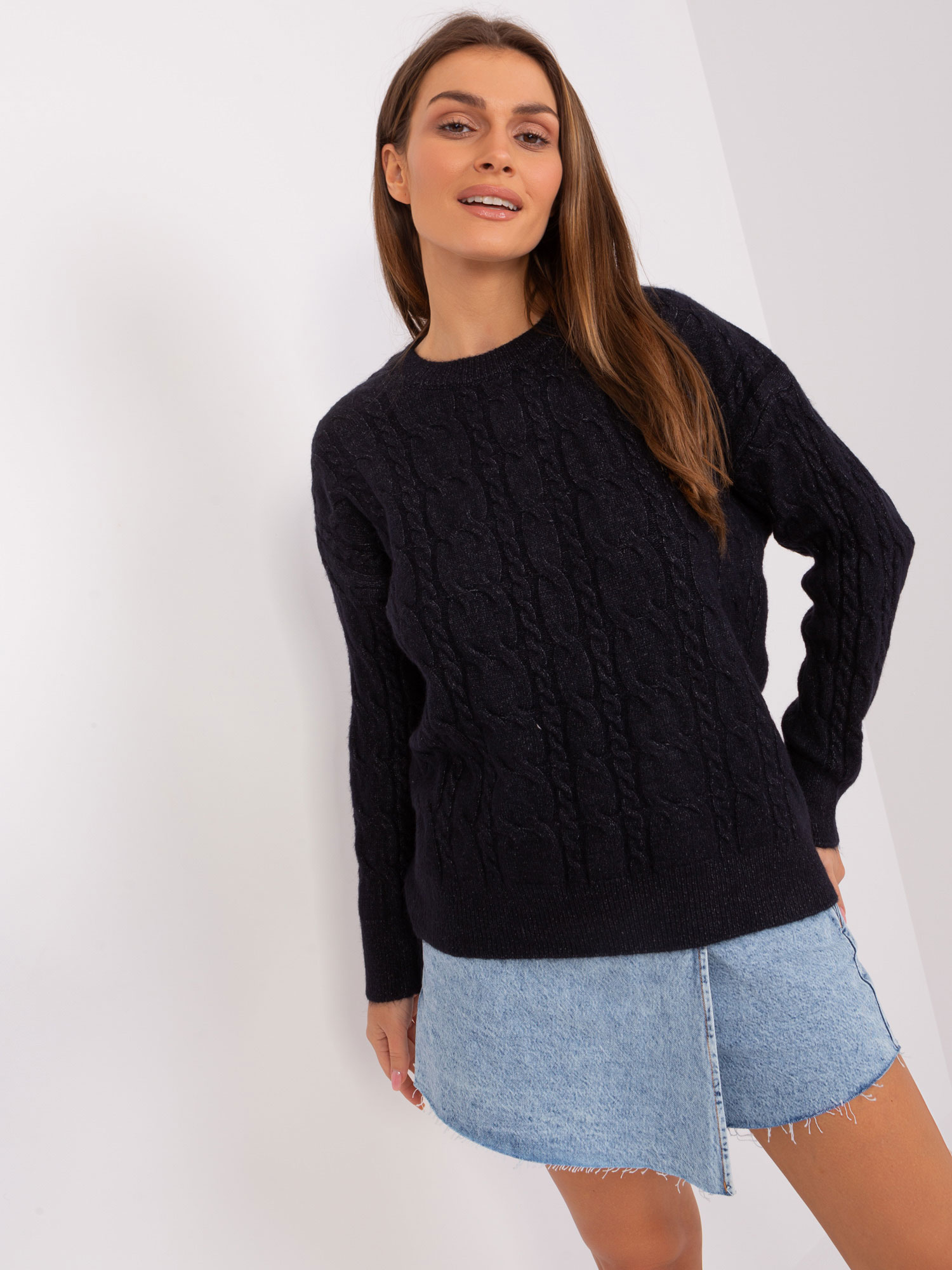 Black Sweater With Cables And Long Sleeves