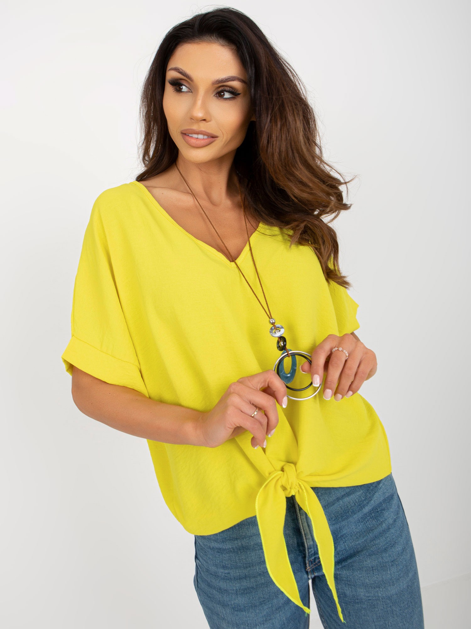 Lady's Casual Blouse With Knot - Yellow