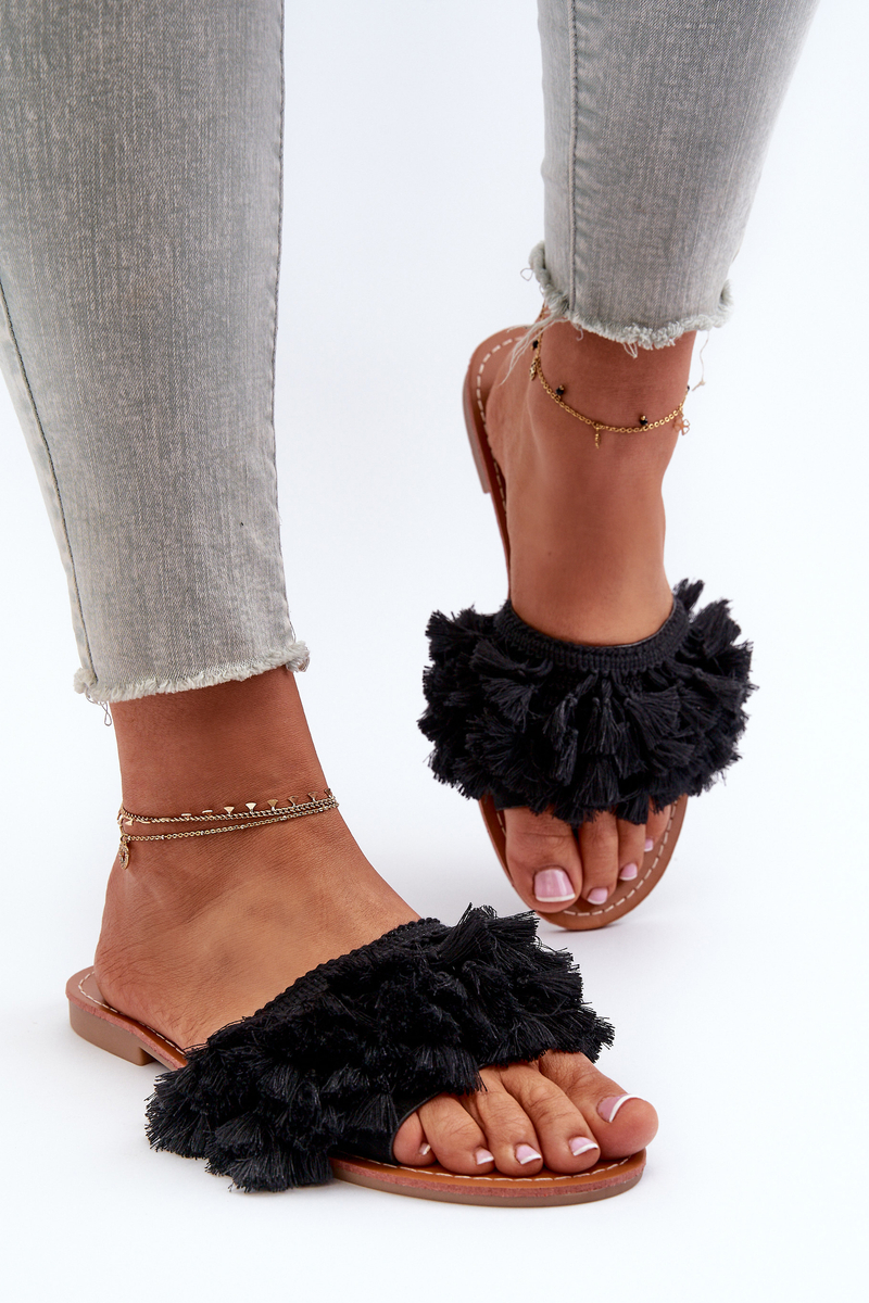 Women's flat slippers with fringe, black Rialle