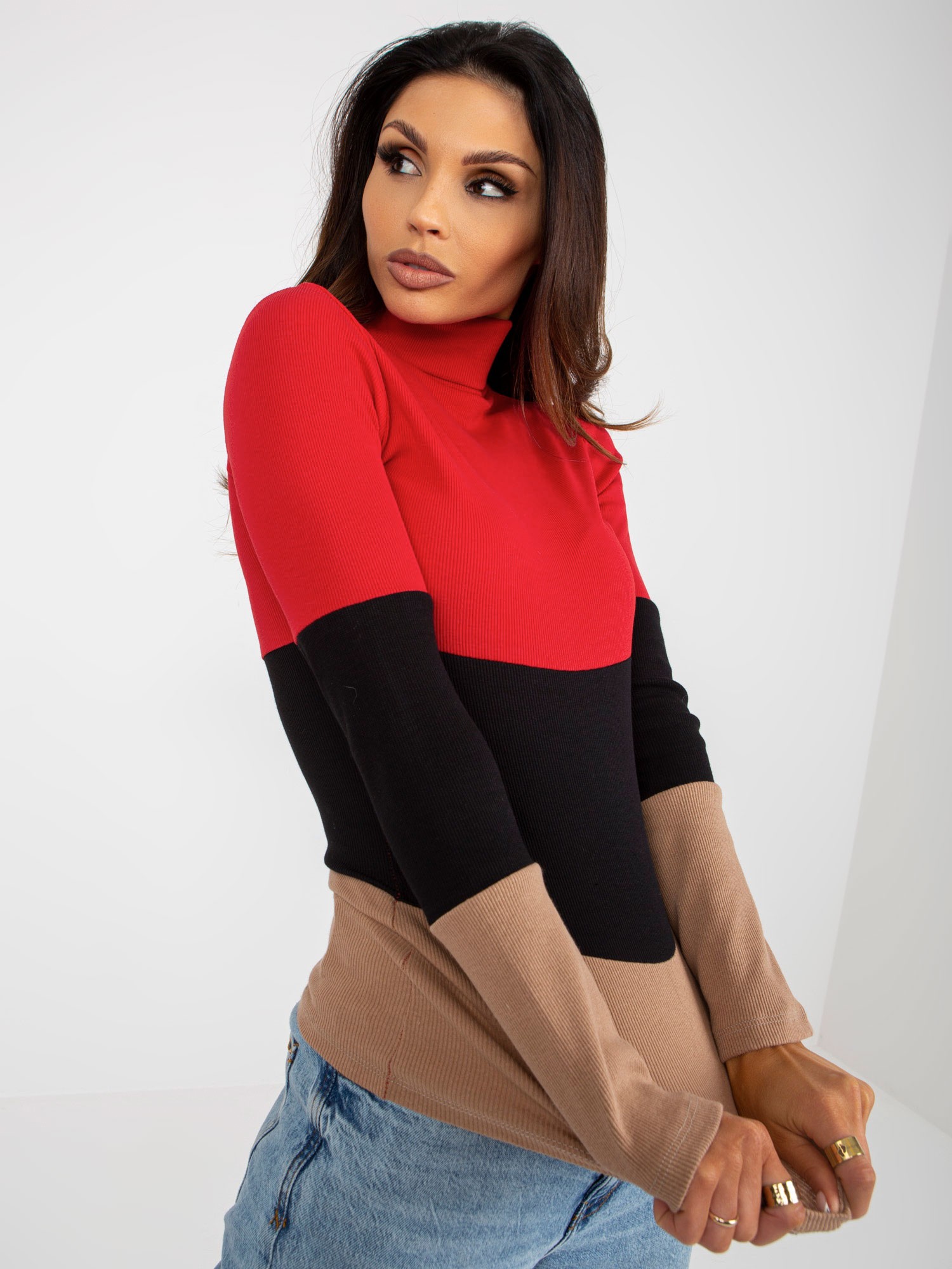 Basic camel red blouse with ribbed turtleneck