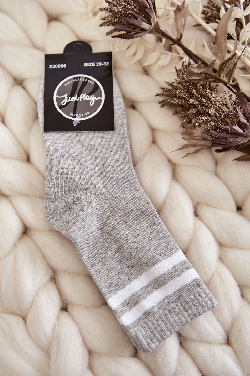 Youth Cotton Sports Socks with Stripes of Grey