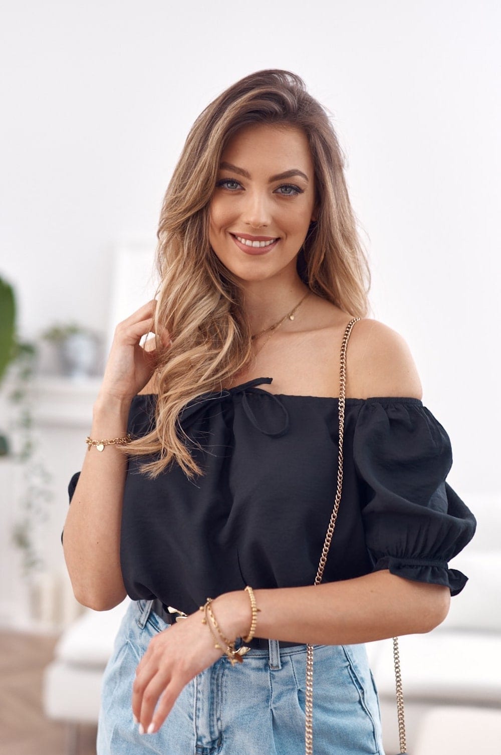 Short Blouse With Ruffle Neckline In Black