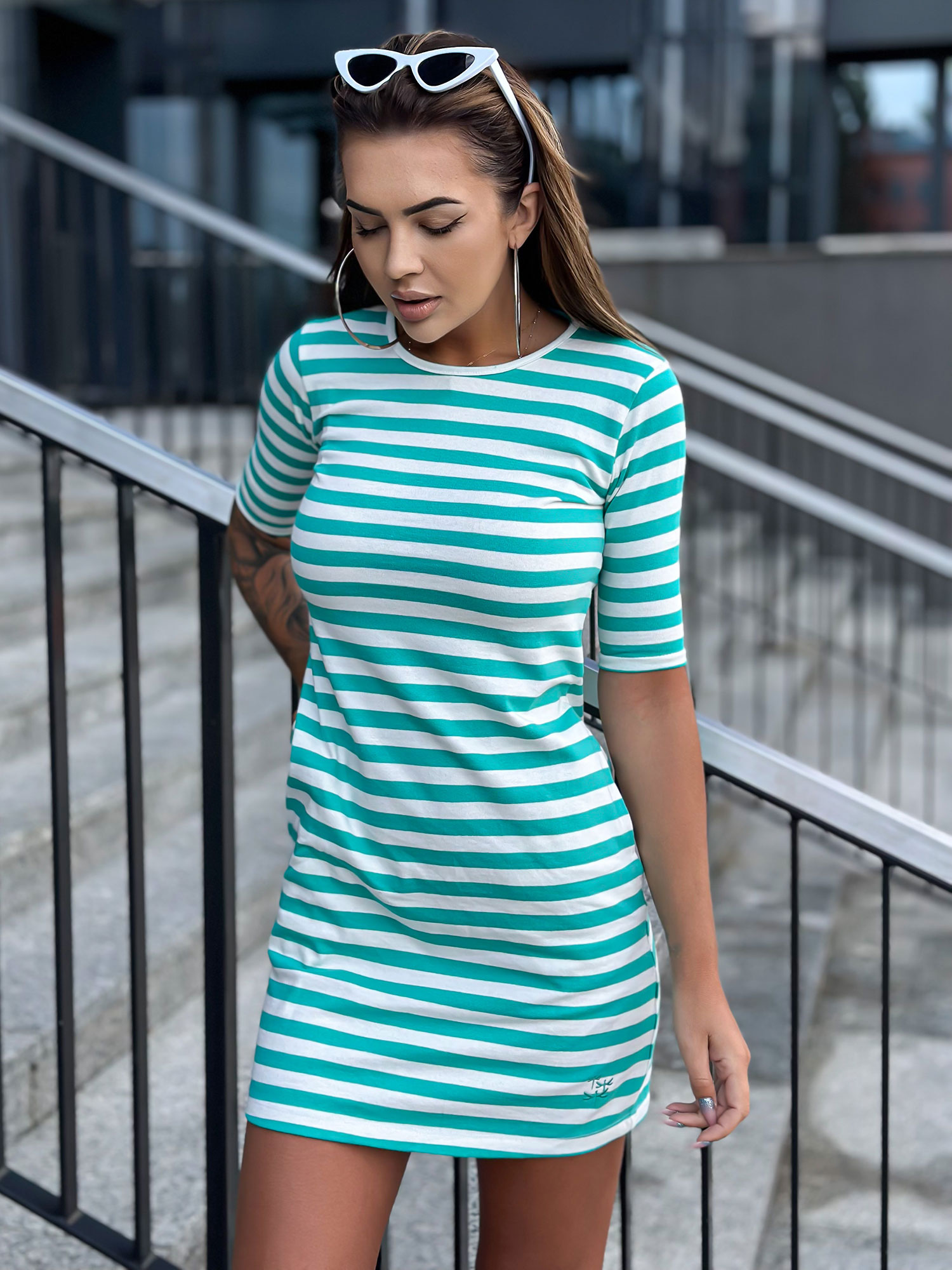 White And Green Cotton Casual Dress MAYFLIES