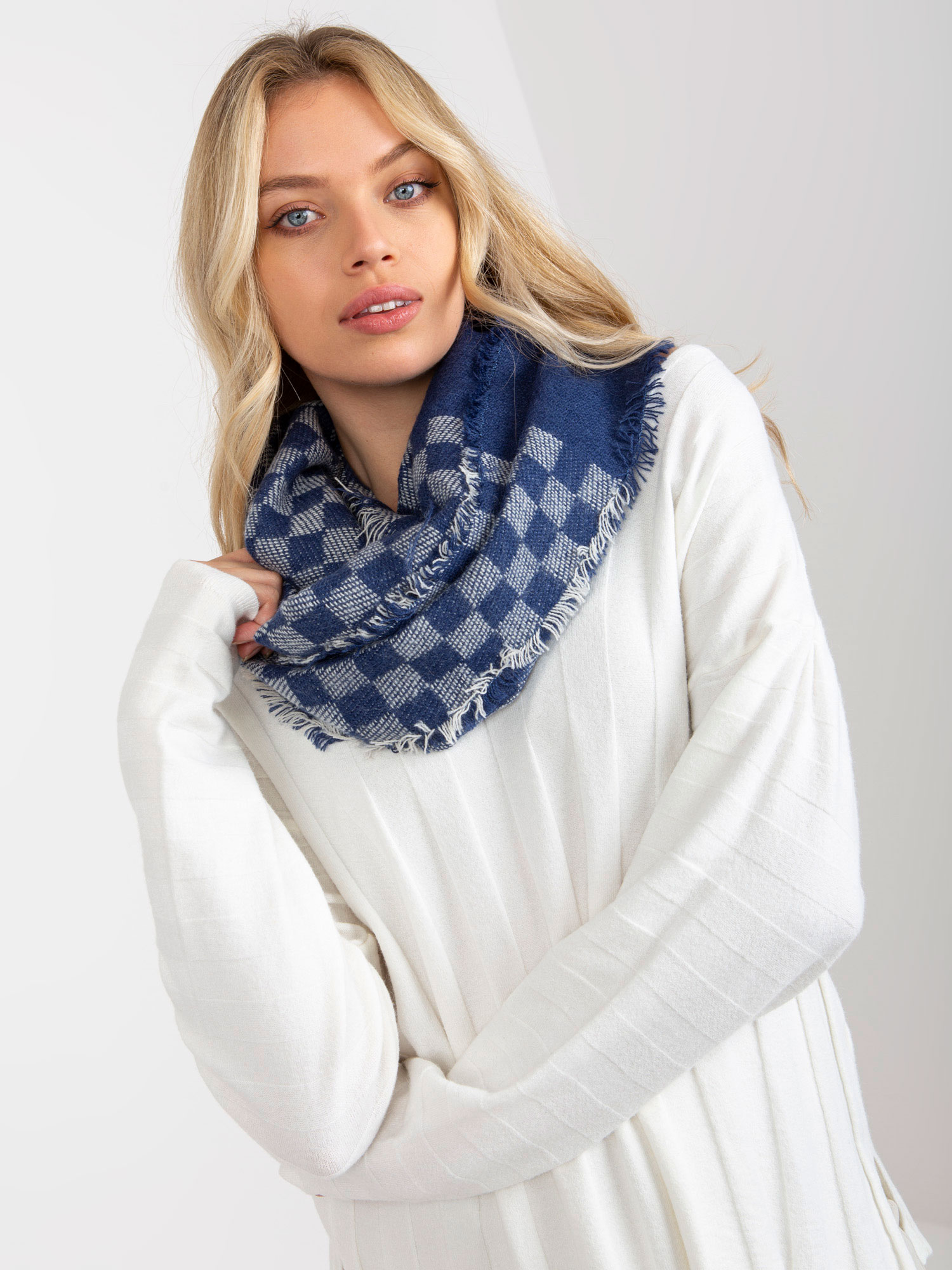Women's Dark Blue And White Winter Scarf With Wool