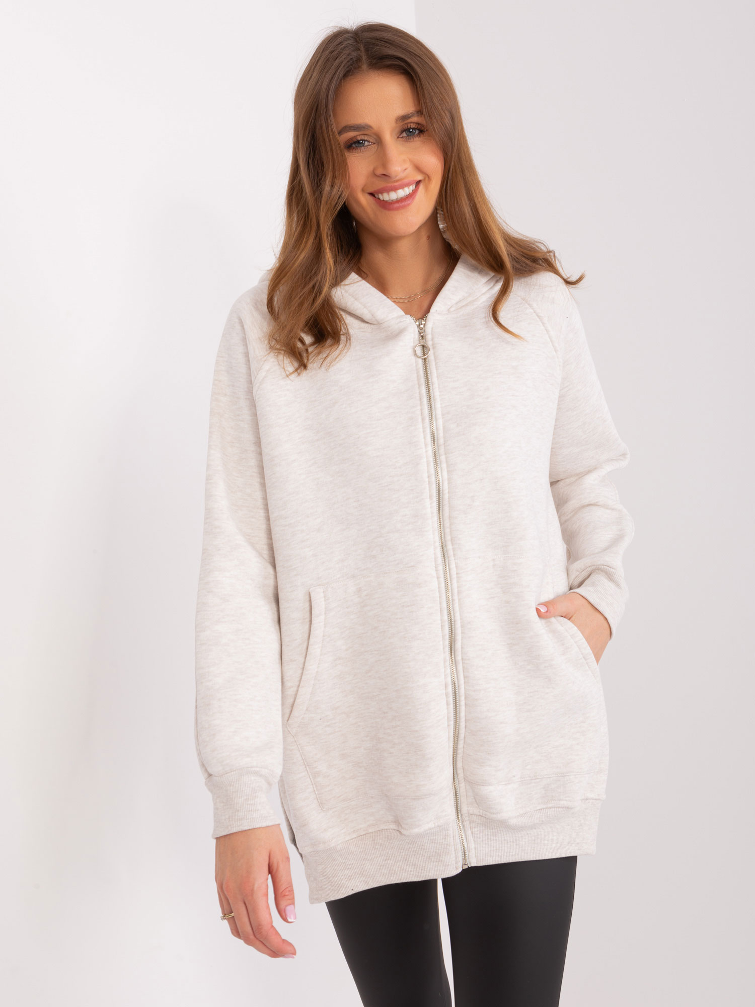 Light beige melange insulated zip-up hoodie