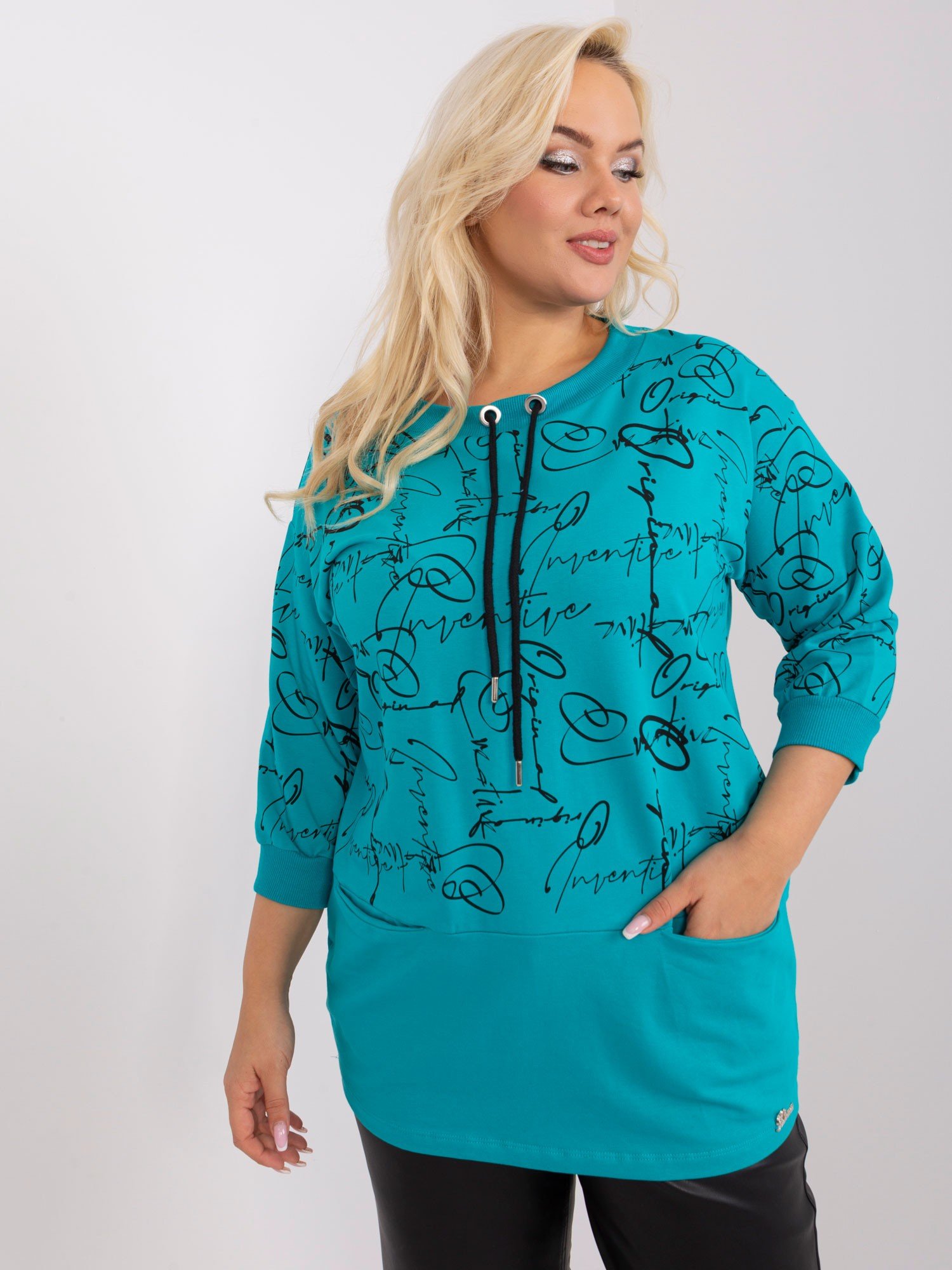 Turquoise Long Blouse Plus Size With Drawstrings