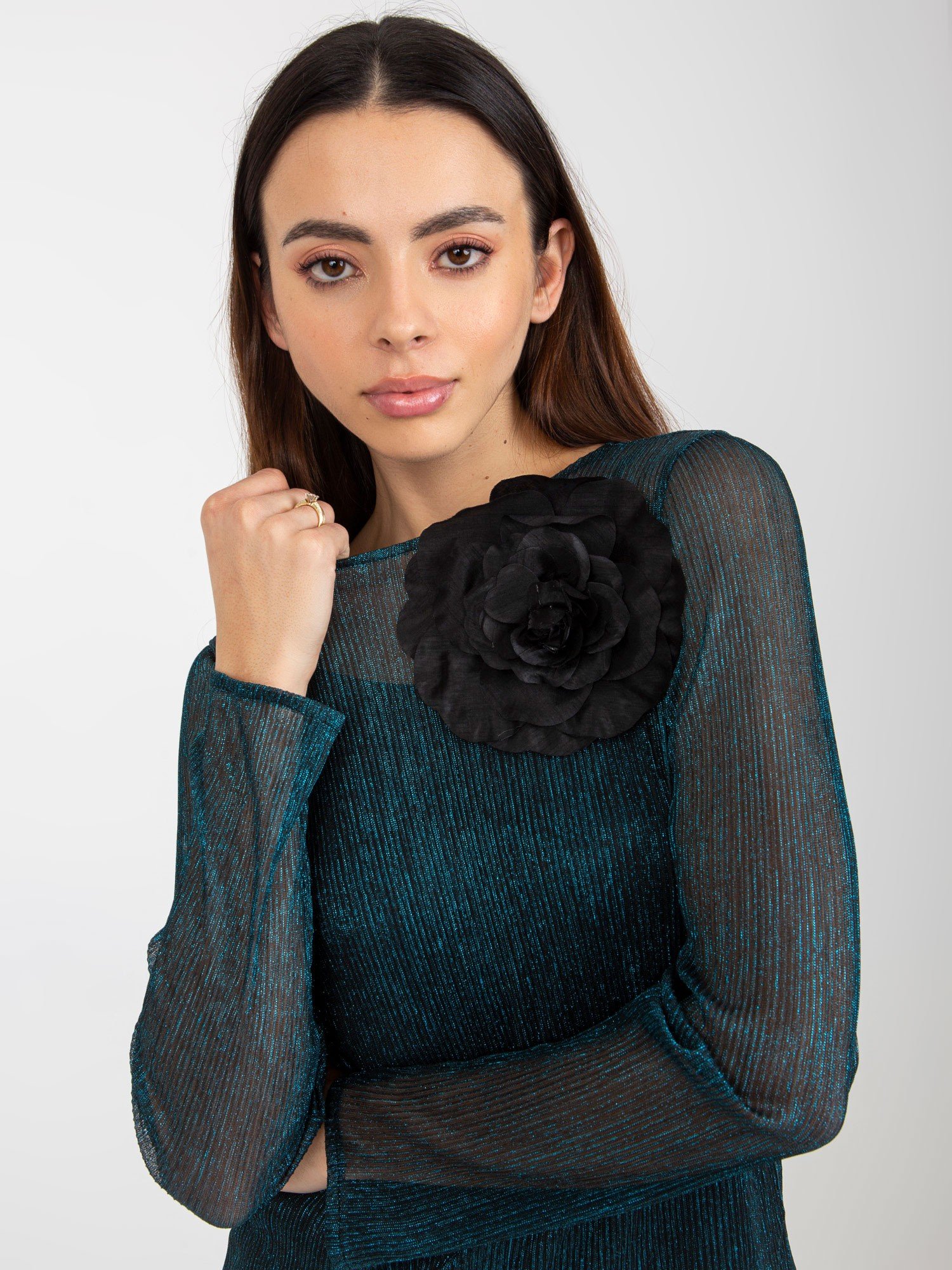 Green And Black Two-piece Evening Blouse With Brooch