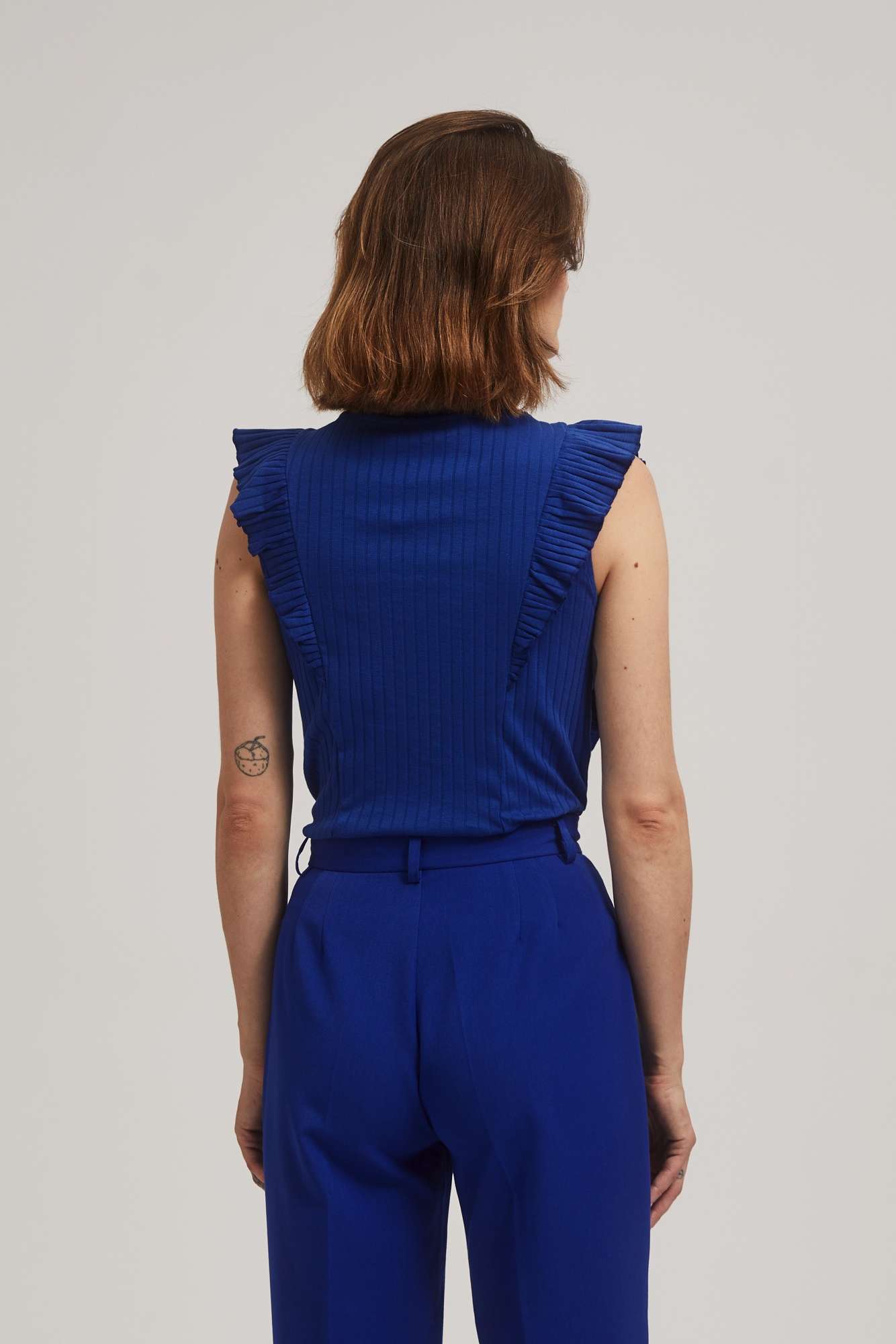 Marisse Blue Ribbed Blouse With Ruffles
