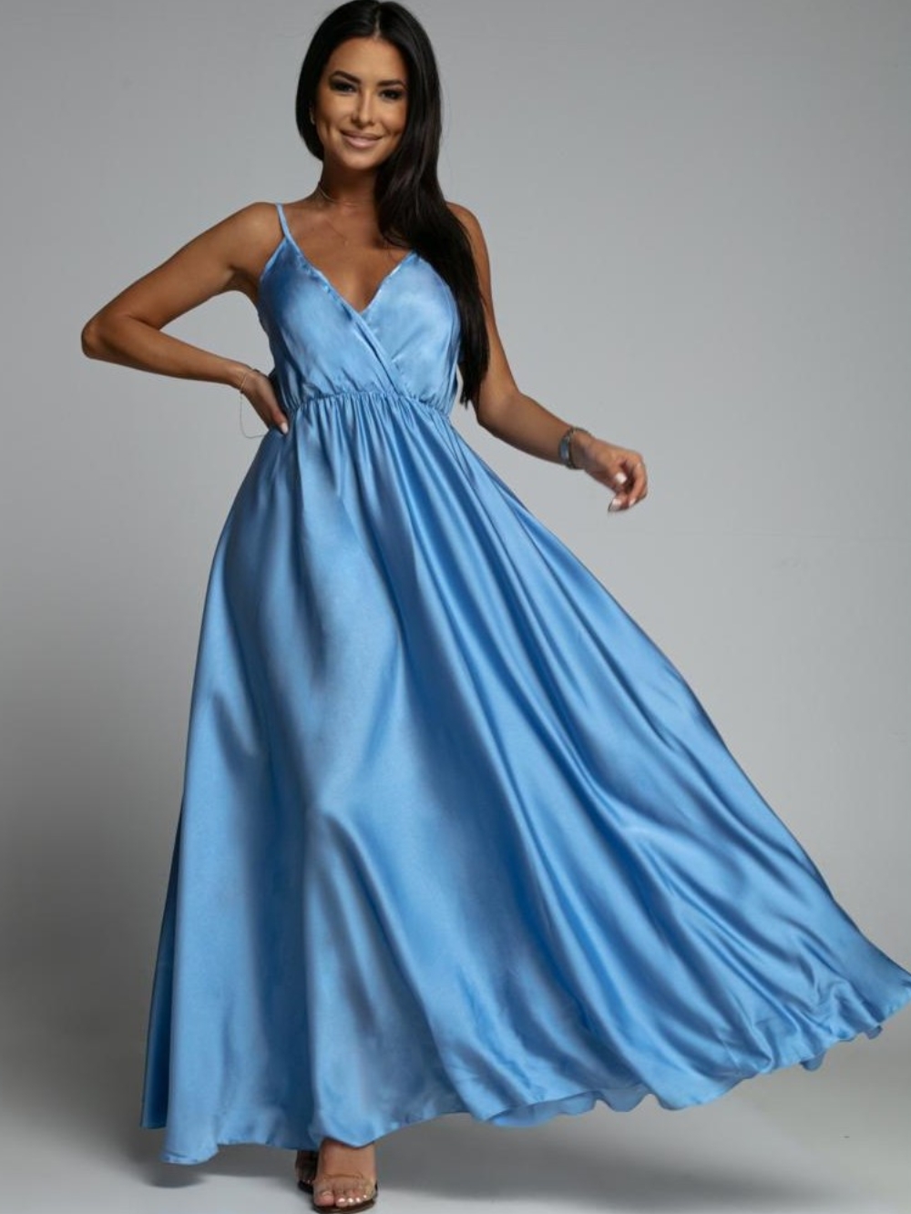 Long blue satin dress with straps
