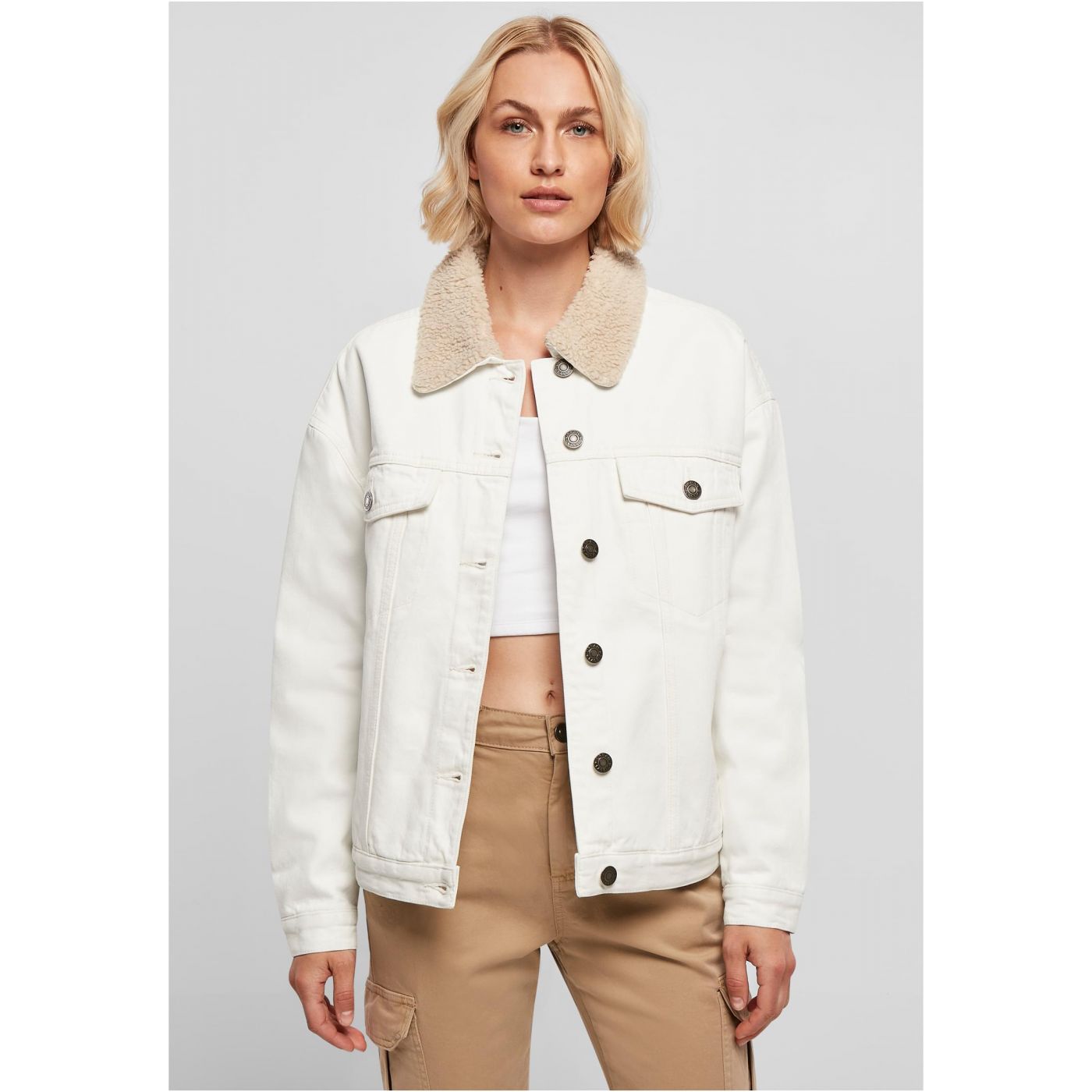 Women's Oversized Denim Jacket Sherpa In White