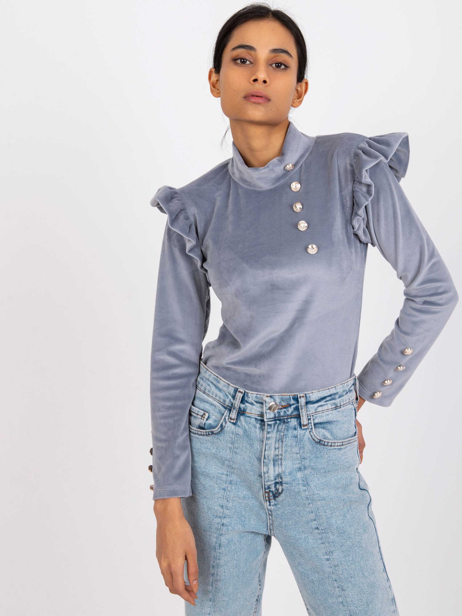 Grey Velour Blouse With Capri Buttons