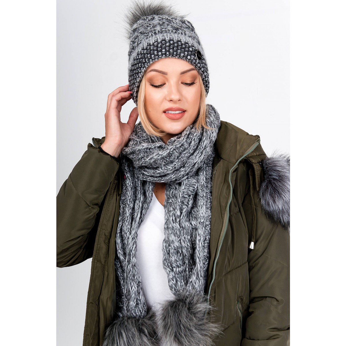 Women's winter set beanie + scarf with pompons - gray
