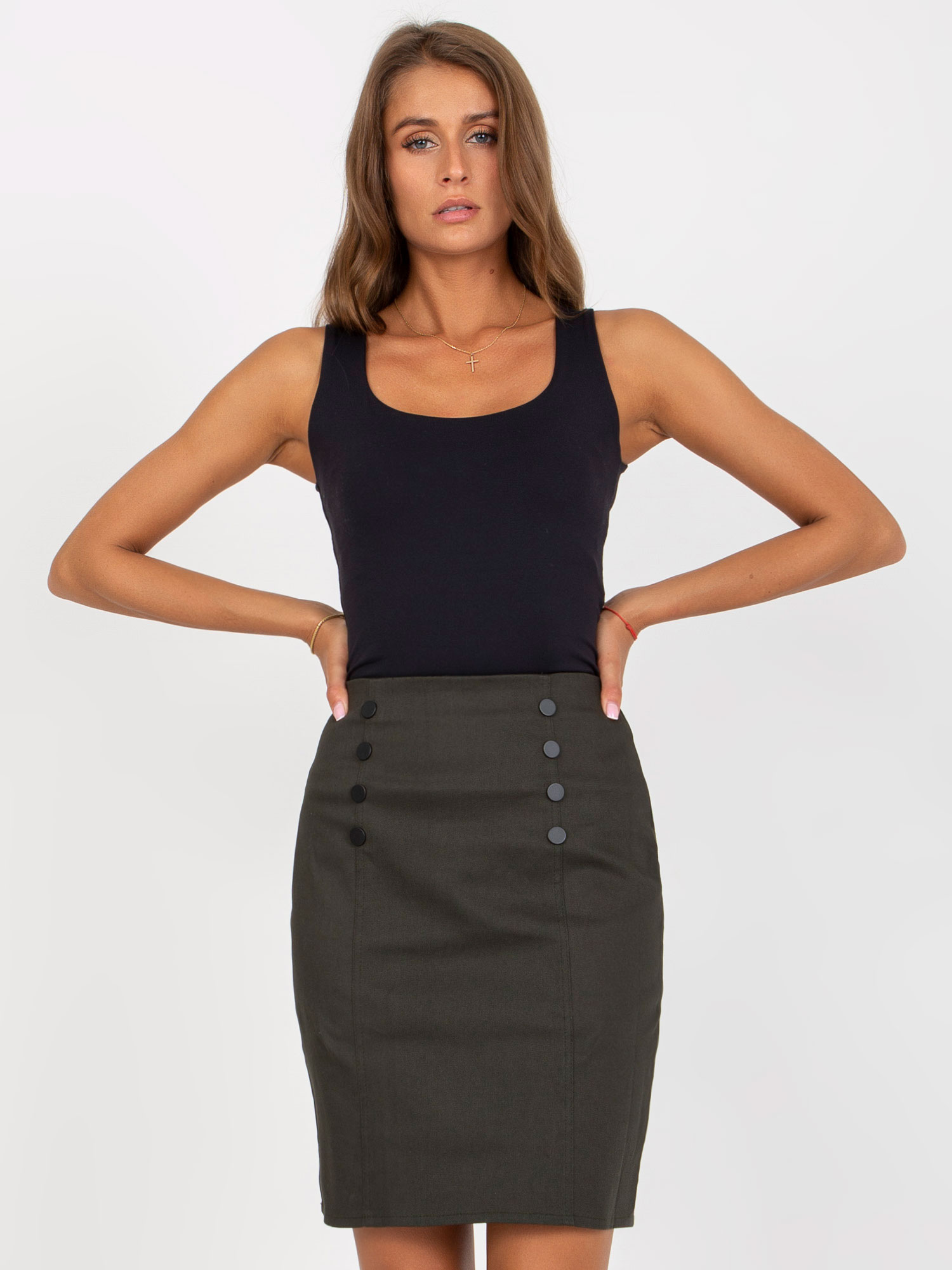 Khaki pencil skirt with buttons