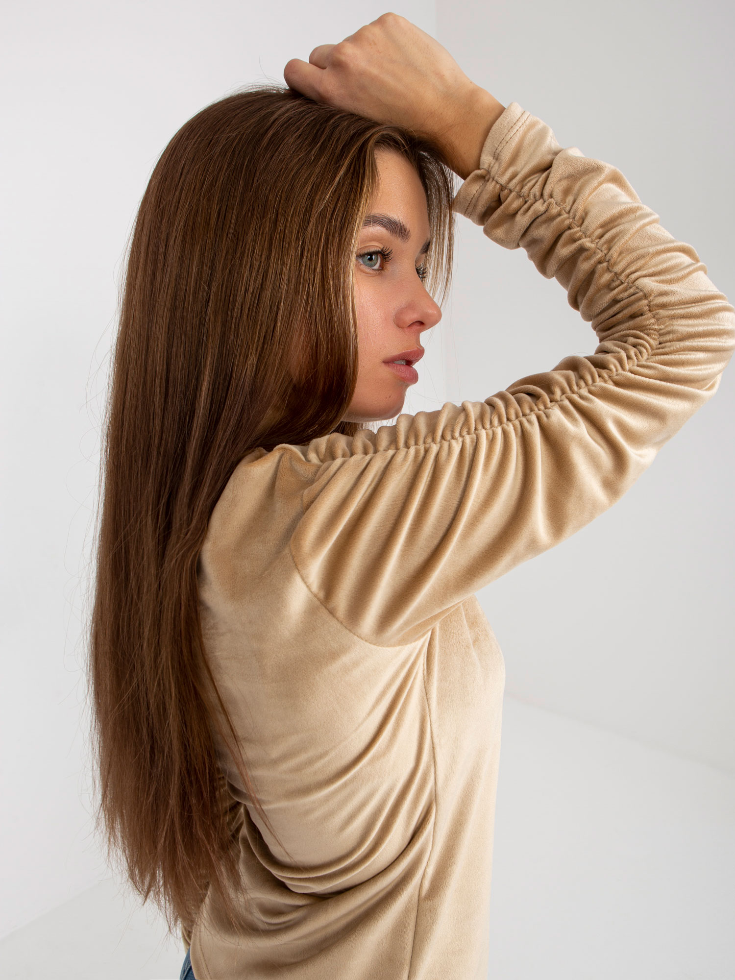 Beige Velour Blouse RUE PARIS With Ruffled Sleeves