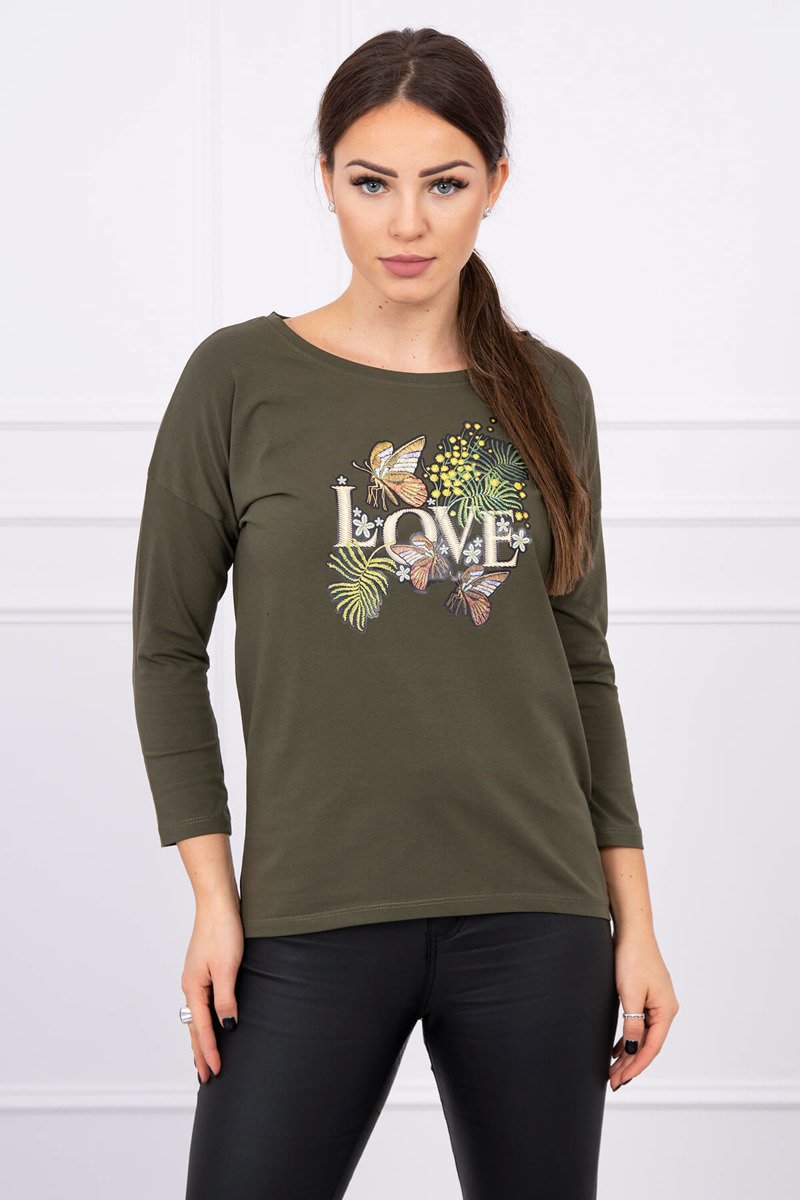Blouse with Love print khaki