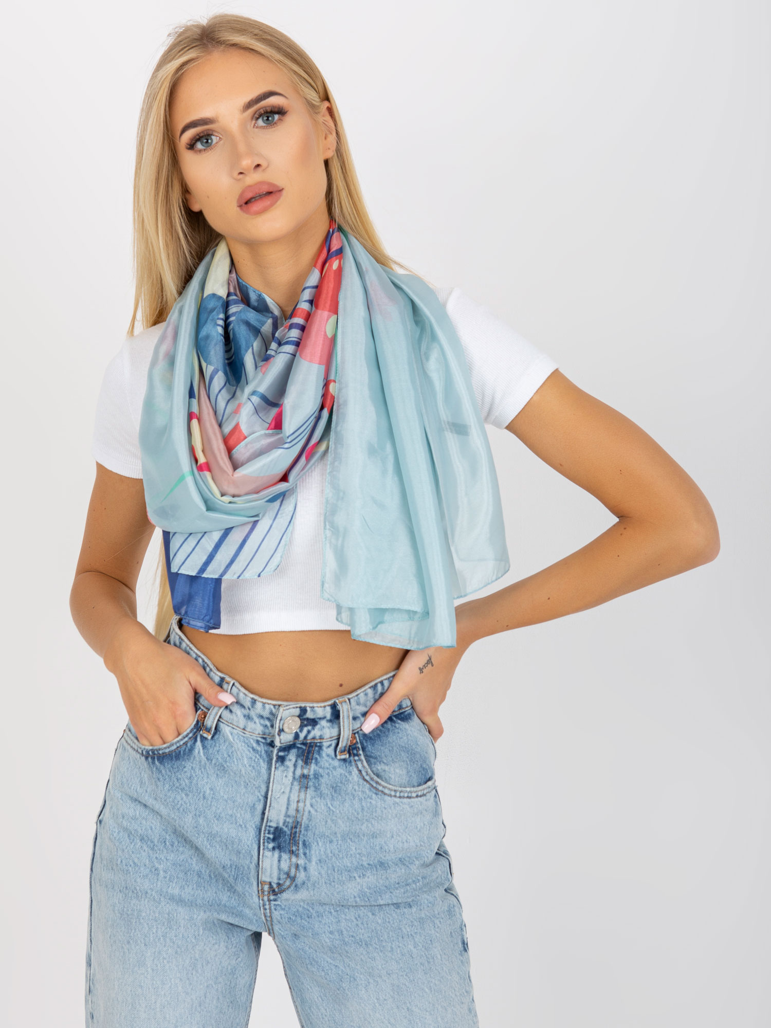 Blue Thin Scarf With Print