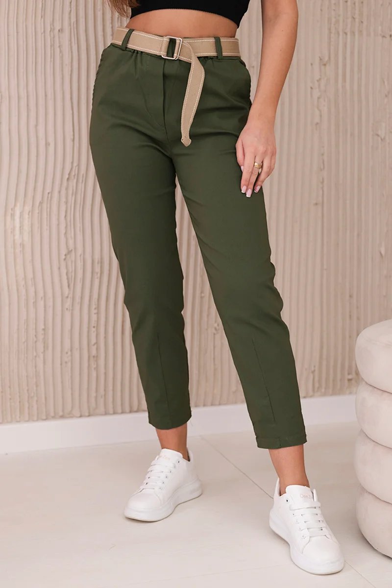Trousers with a wide belt in khaki