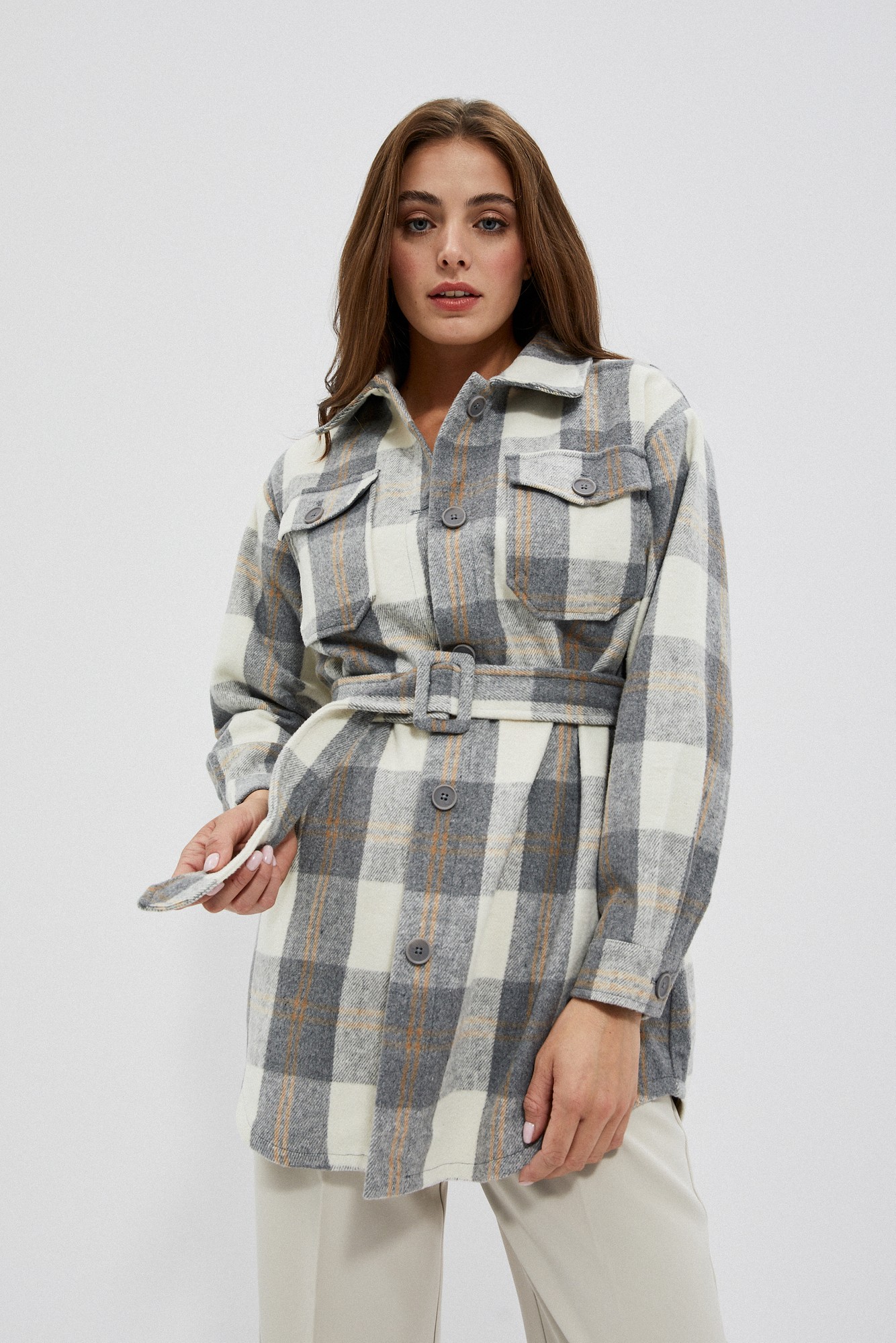 Plaid shirt jacket with belt