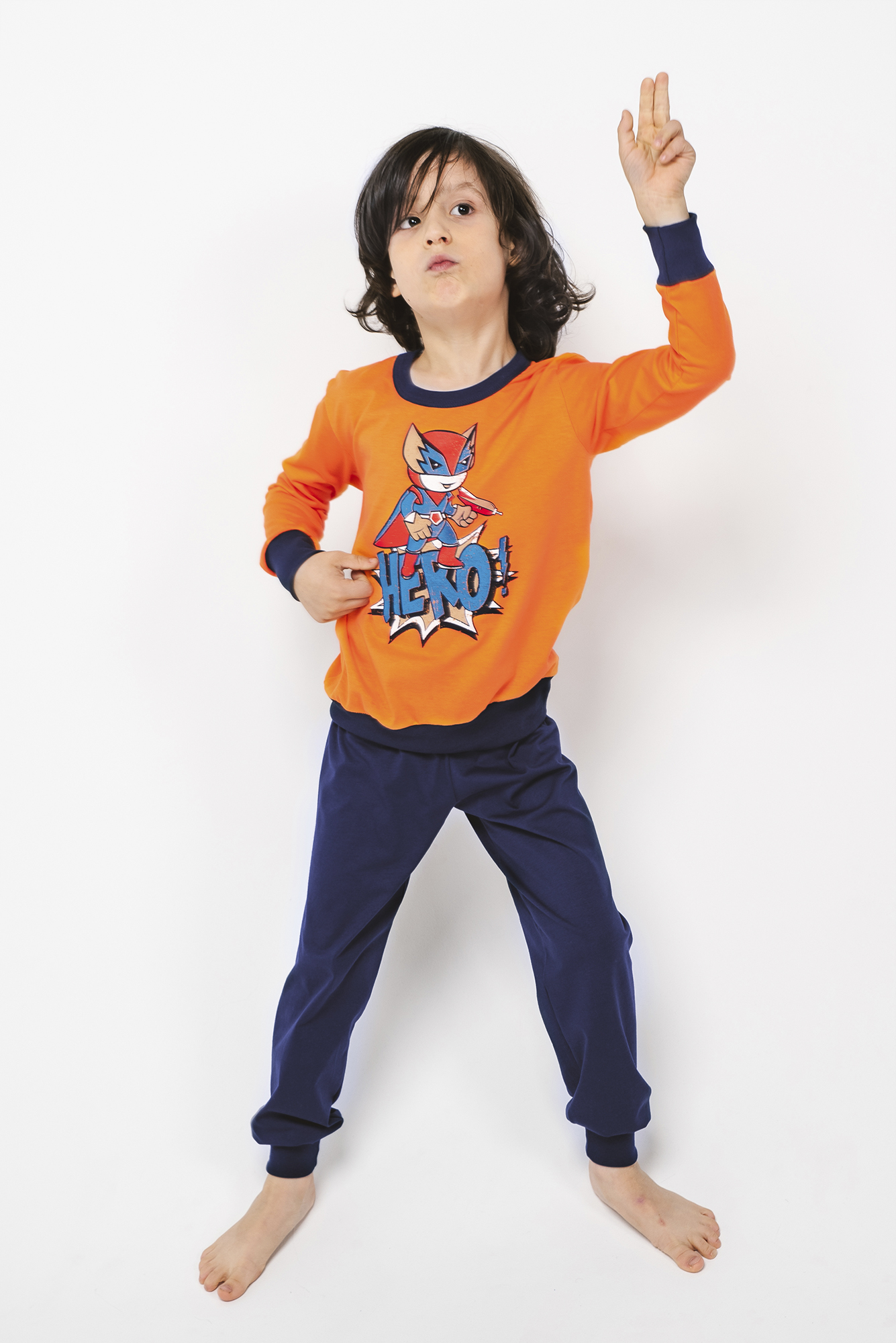 Remek Boys' Pyjamas, Long Sleeves, Long Legs - Orange/navy Blue