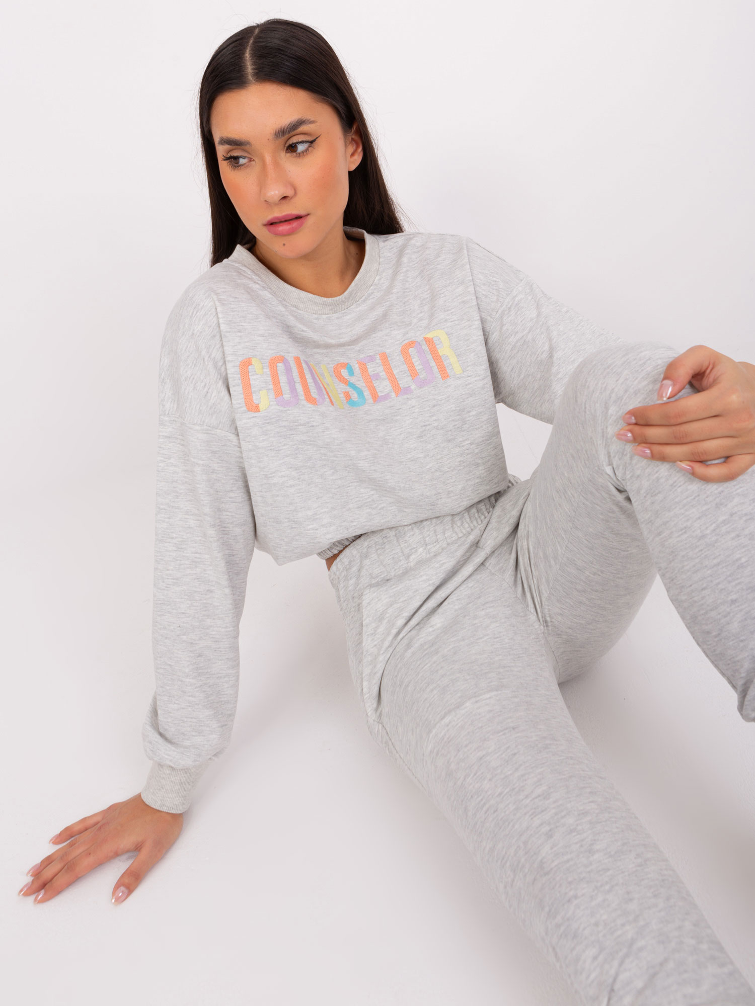 Light Gray Casual Set With Sweatshirt With Colorful Lettering