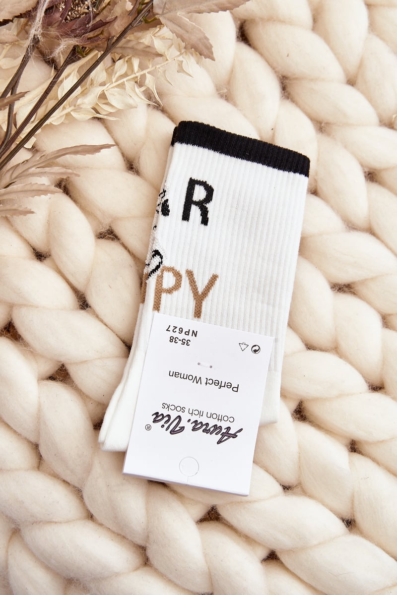 White Women's Cotton Socks With Inscription And Teddy Bear