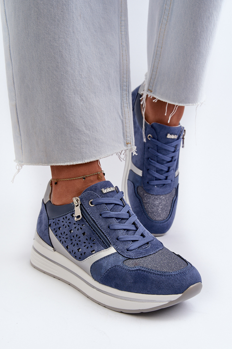 Women's platform sneakers with openwork pattern and glitter INBLU Blue