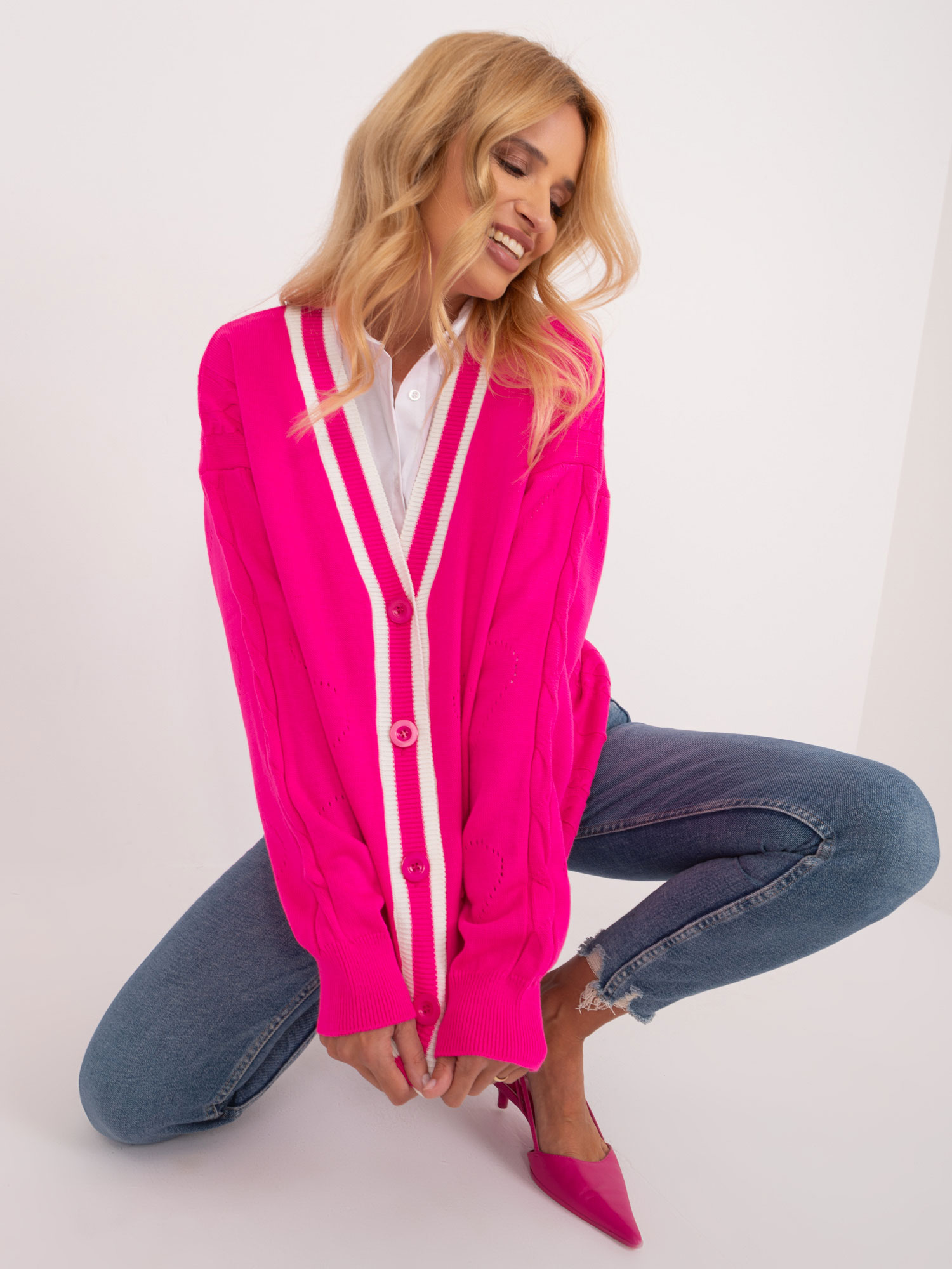 Fluo pink long women's sweater with buttons