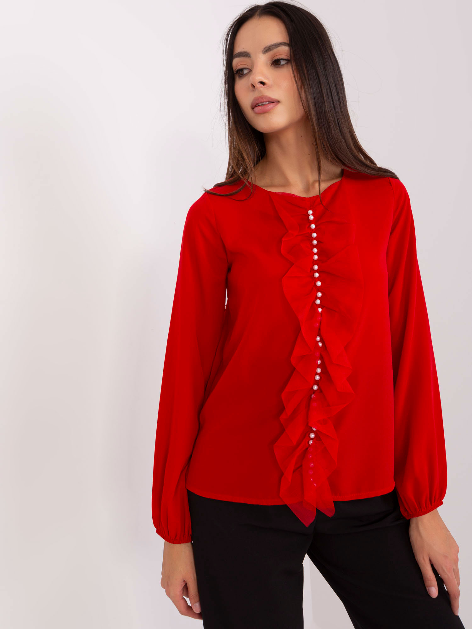 Red formal blouse with round neckline
