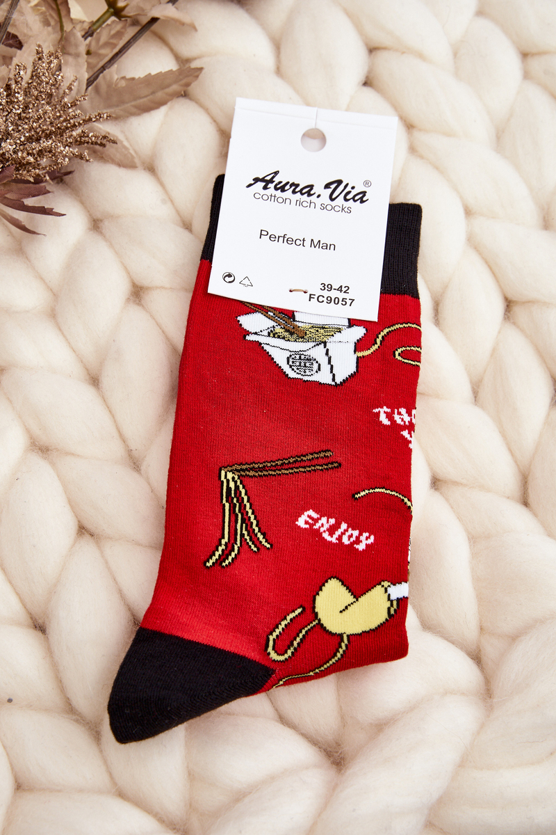 Men's socks with Asian noodle patterns red