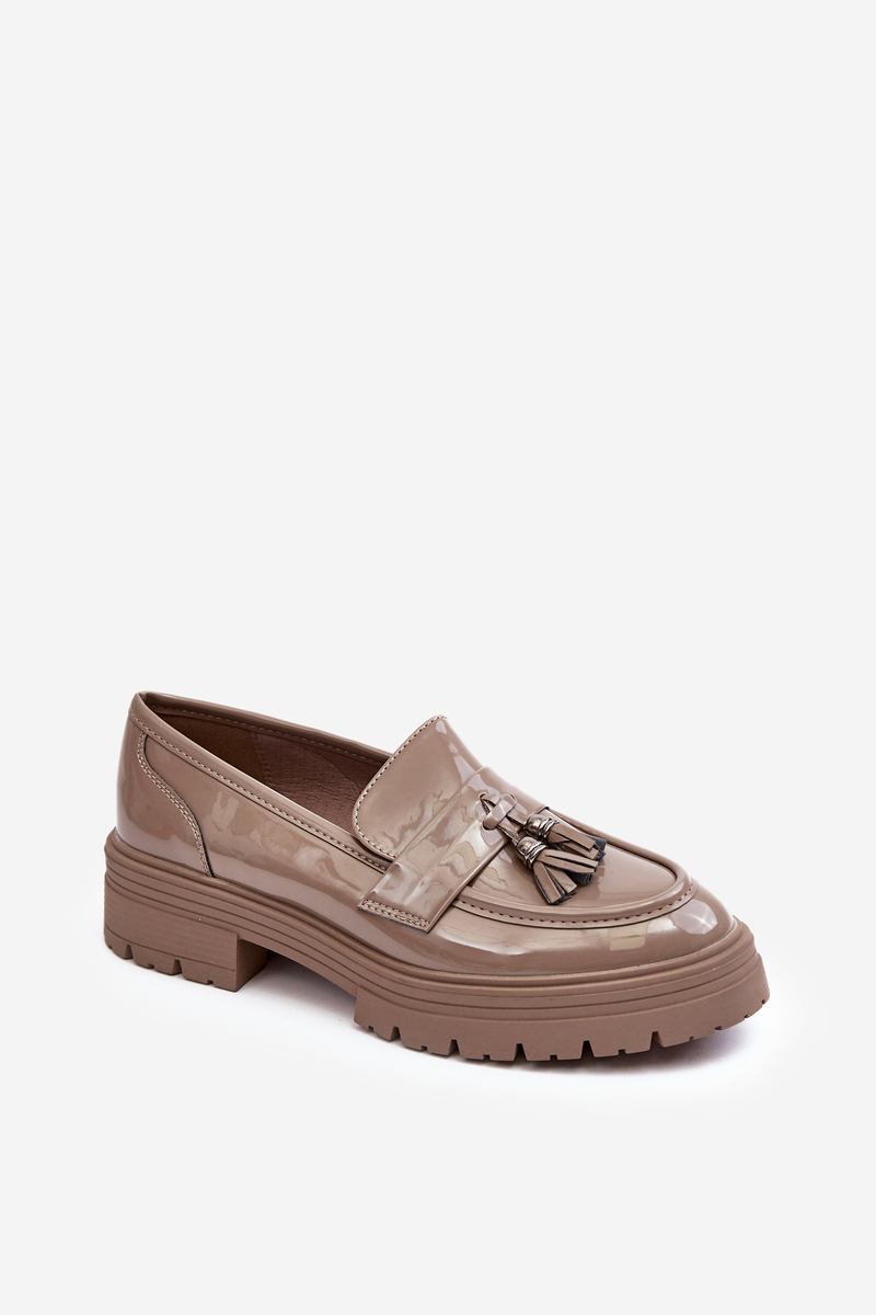 Patent Leather Loafers With Fringes, Dark Beige Velenase