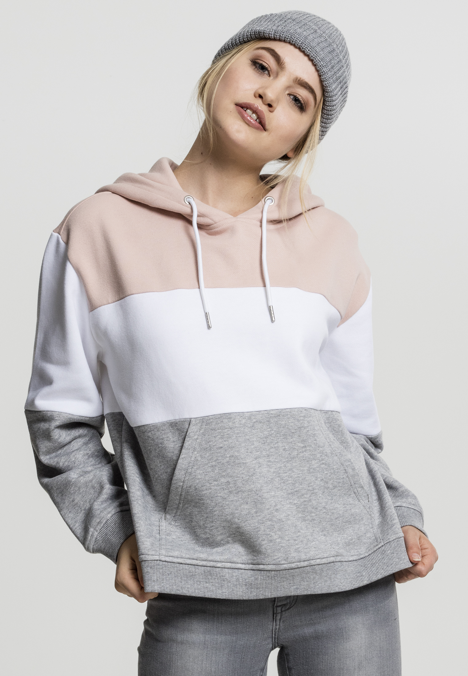 Women's Oversize 3-Tone Light Pink/White/Grey Hooded Oversize