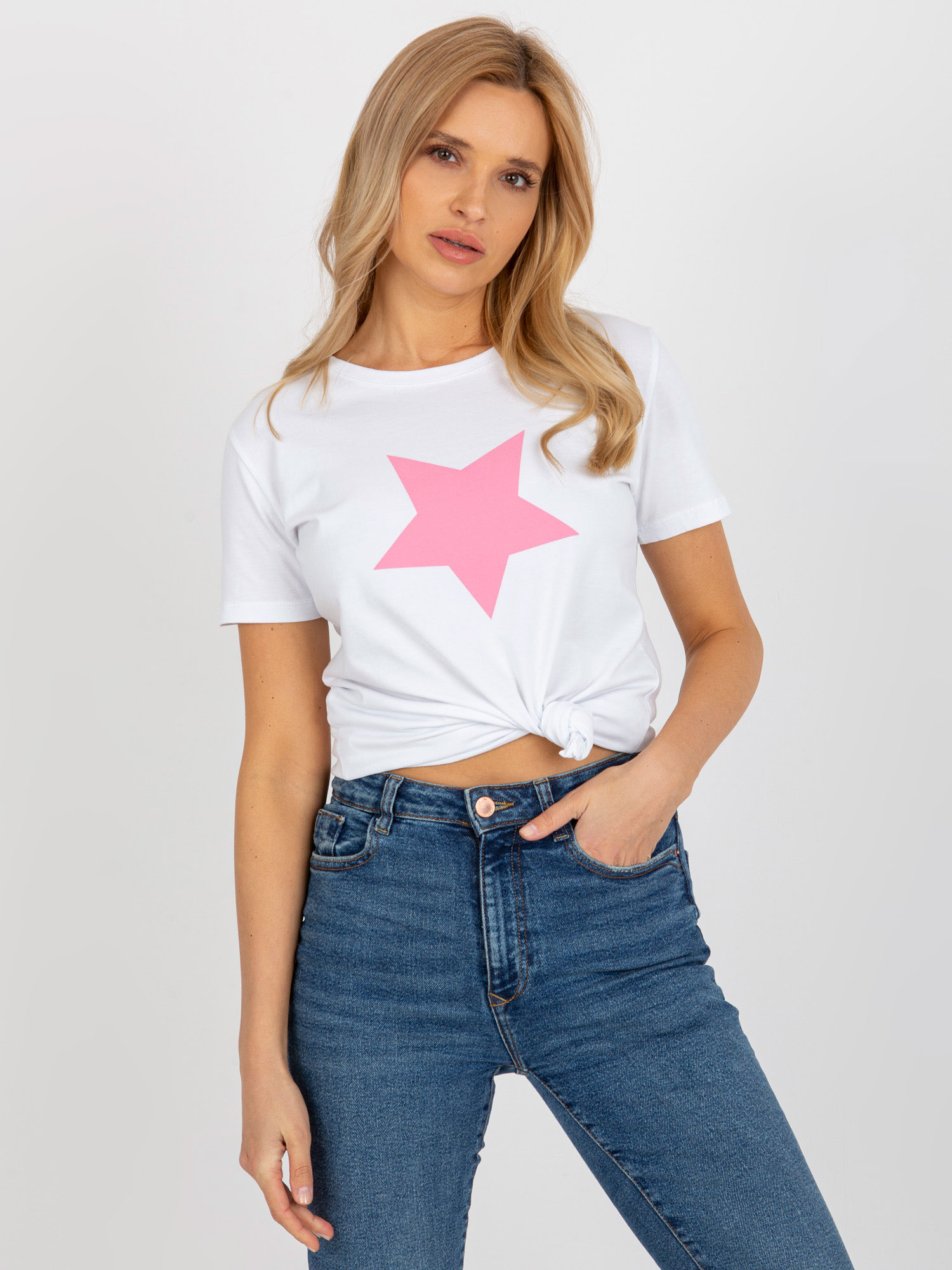 Levně Bílé a růžové dámské tričko s potiskem BASIC FEEL GOOD